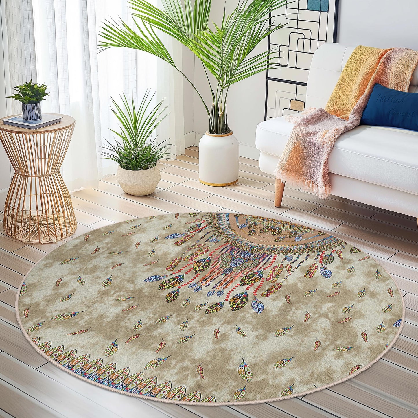 Bohemian Round Area Rug, Feather Design Round Carpet, Stylish Living Room Rug, Unique Boho Decor, Soft Round Mat for Home
