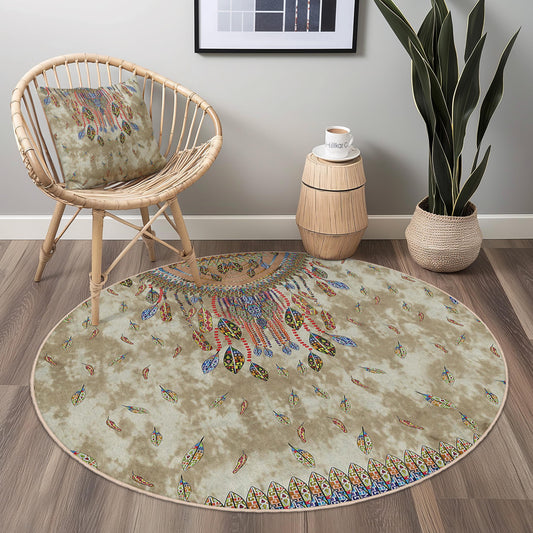 Bohemian Round Area Rug, Feather Design Round Carpet, Stylish Living Room Rug, Unique Boho Decor, Soft Round Mat for Home
