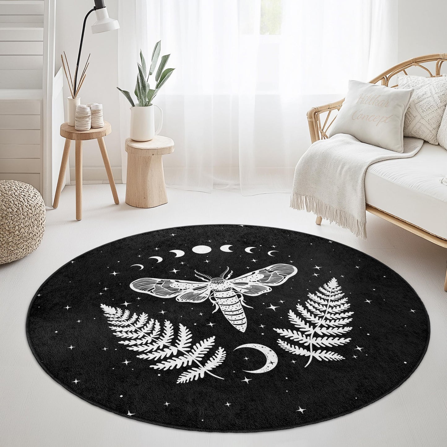 Mystical Moth Round Area Rug, Celestial Decor Rug, Black and White Moth Rug, Boho Home Decor, Unique Round Carpet
