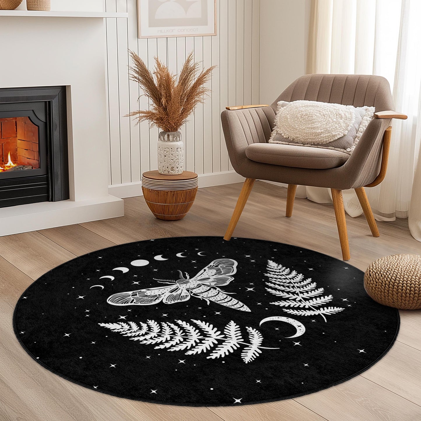 Mystical Moth Round Area Rug, Celestial Decor Rug, Black and White Moth Rug, Boho Home Decor, Unique Round Carpet