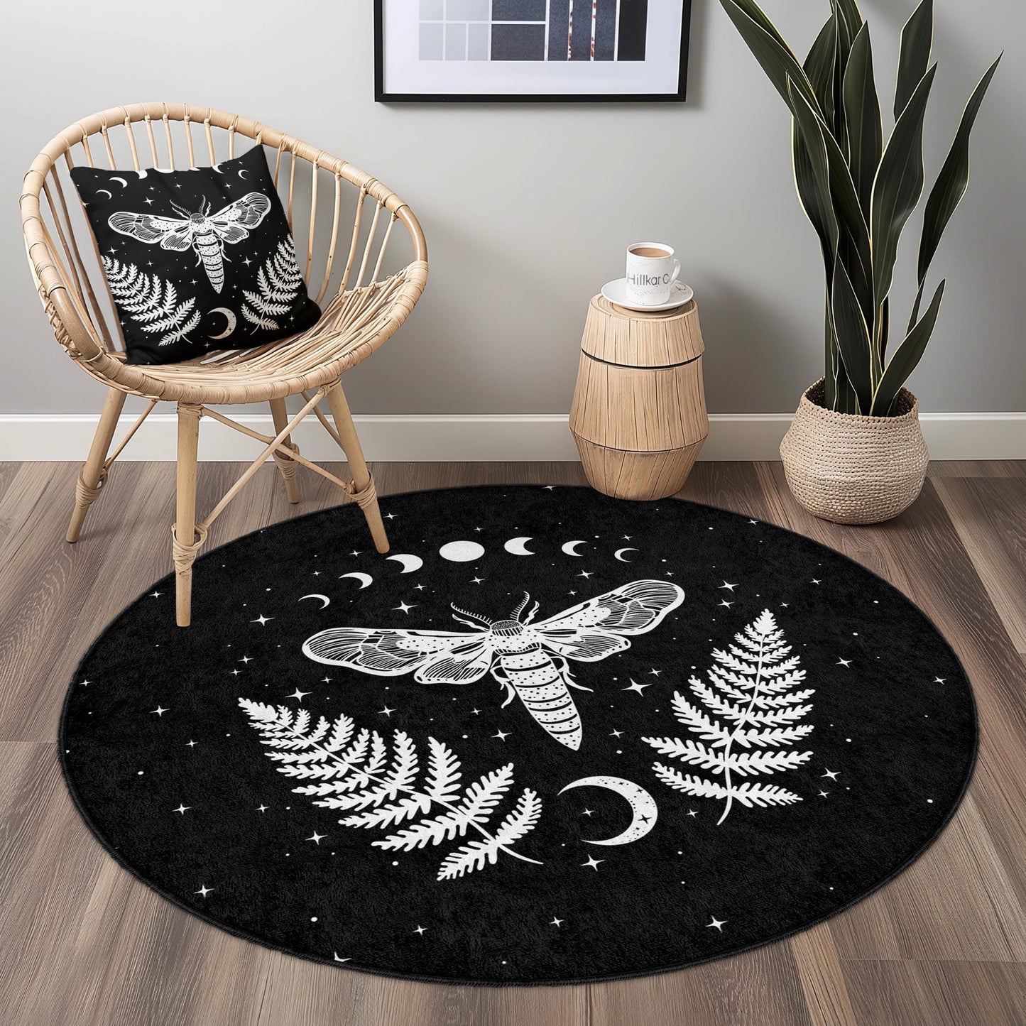 Mystical Moth Round Area Rug, Celestial Decor Rug, Black and White Moth Rug, Boho Home Decor, Unique Round Carpet