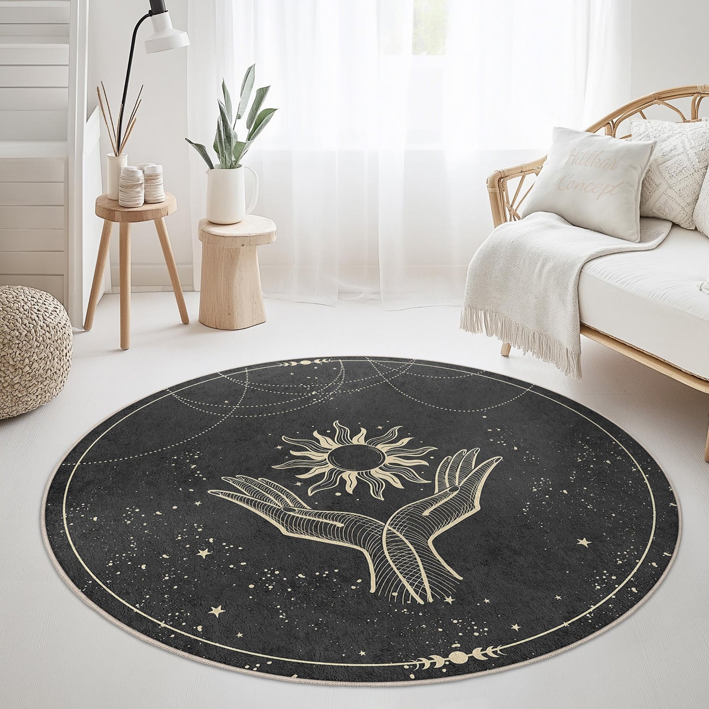 Mystical Sun and Hands Round Area Rug, Boho Chic Round Carpet, Elegant Living Room Rug, Unique Round Home Decor