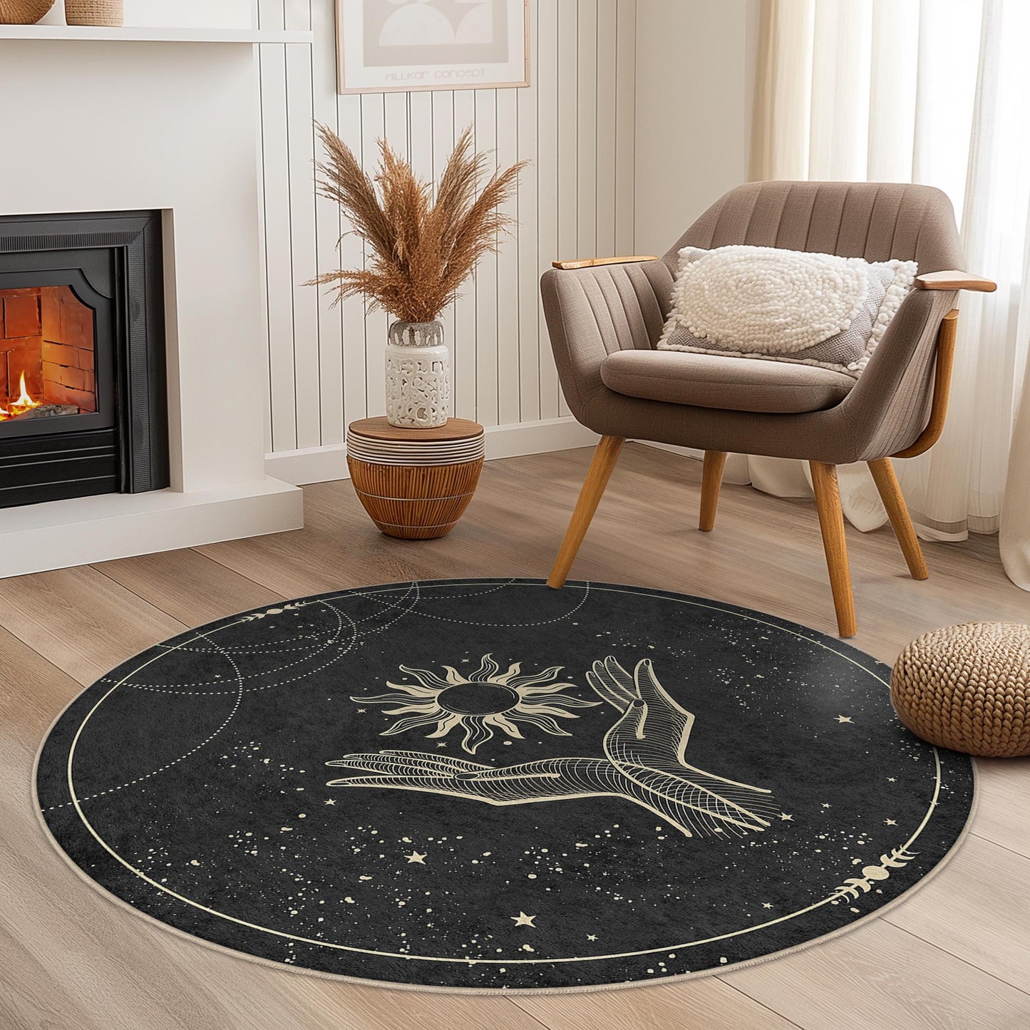 Mystical Sun and Hands Round Area Rug, Boho Chic Round Carpet, Elegant Living Room Rug, Unique Round Home Decor