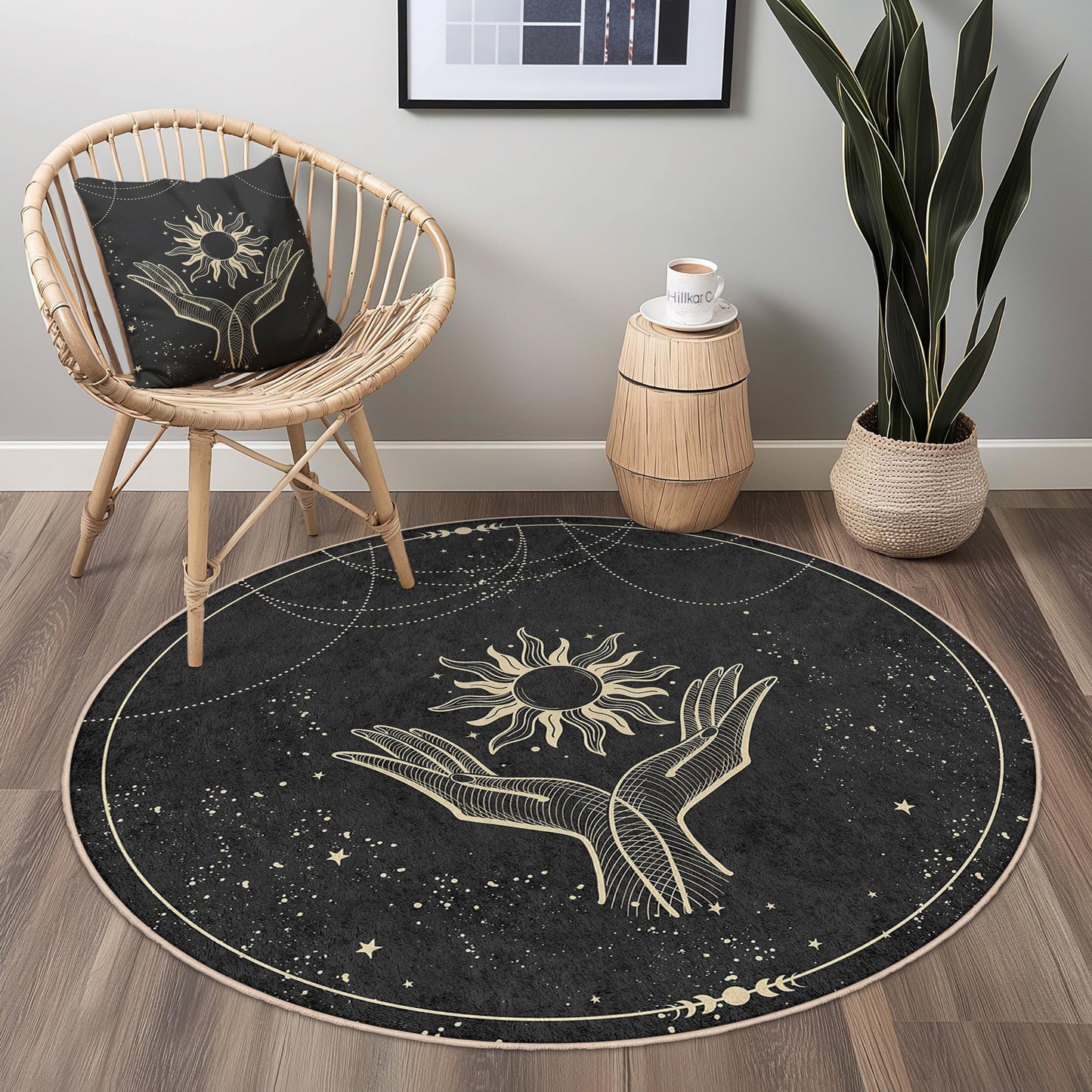 Mystical Sun and Hands Round Area Rug, Boho Chic Round Carpet, Elegant Living Room Rug, Unique Round Home Decor
