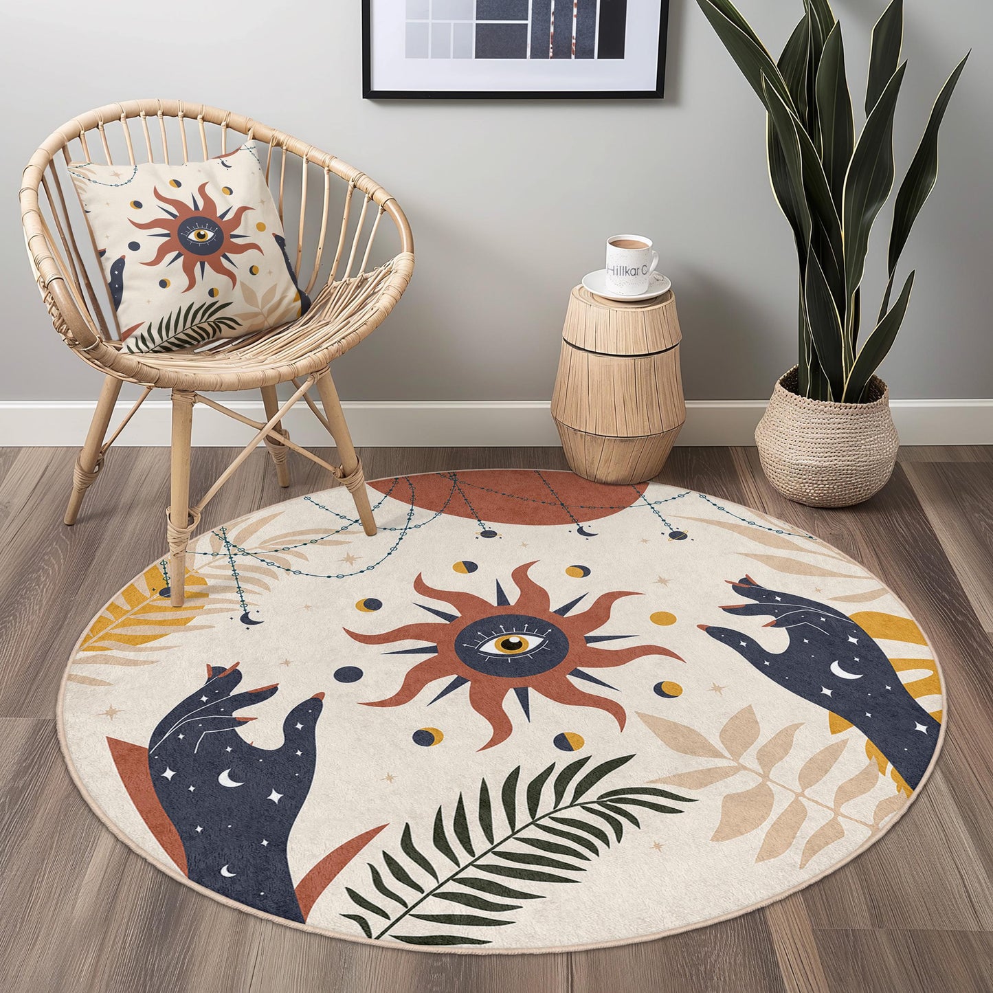 Mystical Sun and Moon Round Area Rug, Bohemian Decor Rug, Celestial Pattern Round Rug, Living Room Carpet, Unique Floor Mat