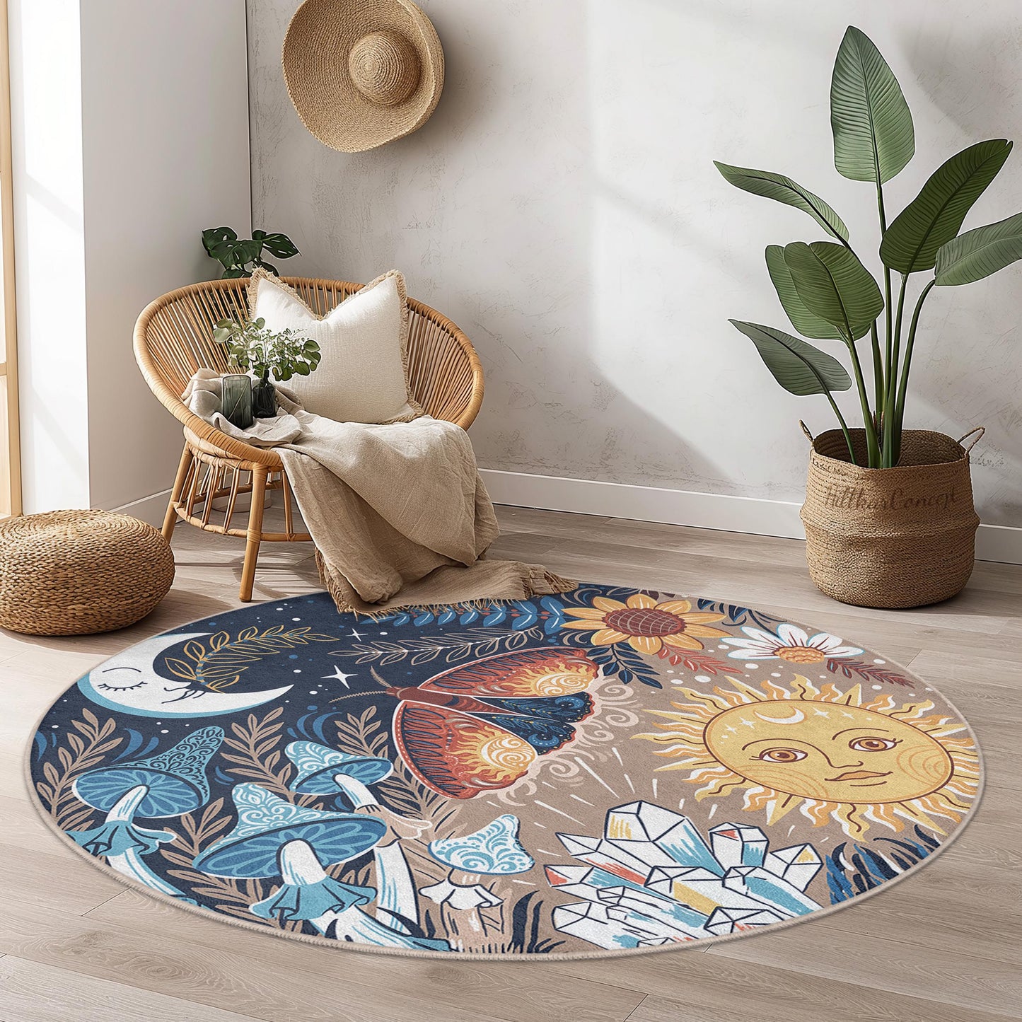 Dreamy Floral Moon and Sun Round Area Rug, Bohemian Style Rug, Nature Inspired Round Carpet, Art Decor for Living Room