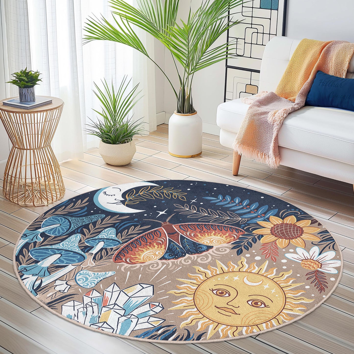 Dreamy Floral Moon and Sun Round Area Rug, Bohemian Style Rug, Nature Inspired Round Carpet, Art Decor for Living Room