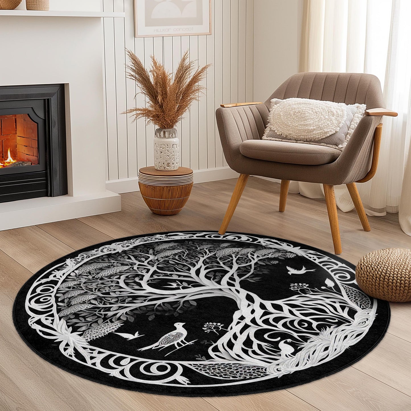 Tree of Life Round Area Rug: Black and White Polyester Decor