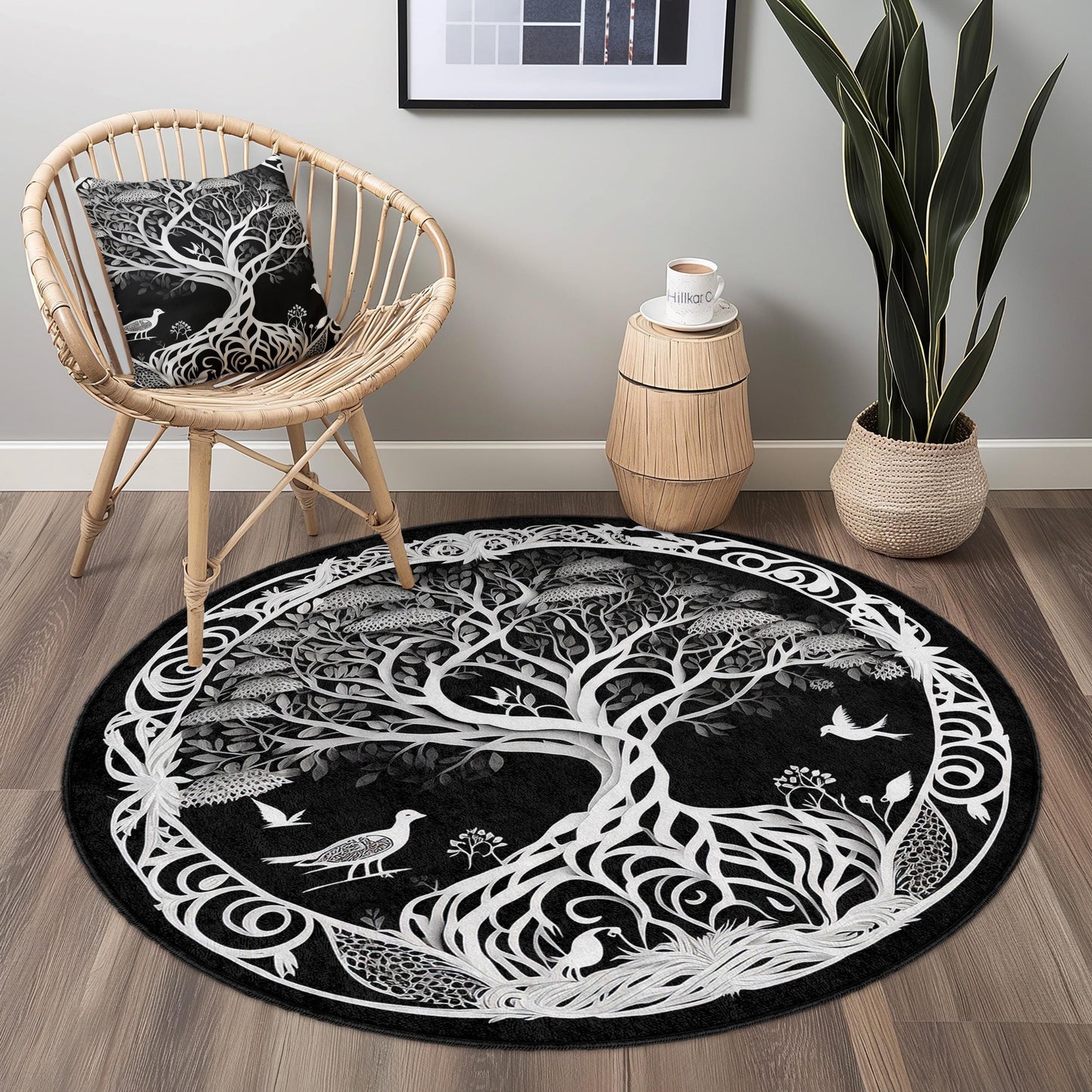 Tree of Life Round Area Rug: Black and White Polyester Decor
