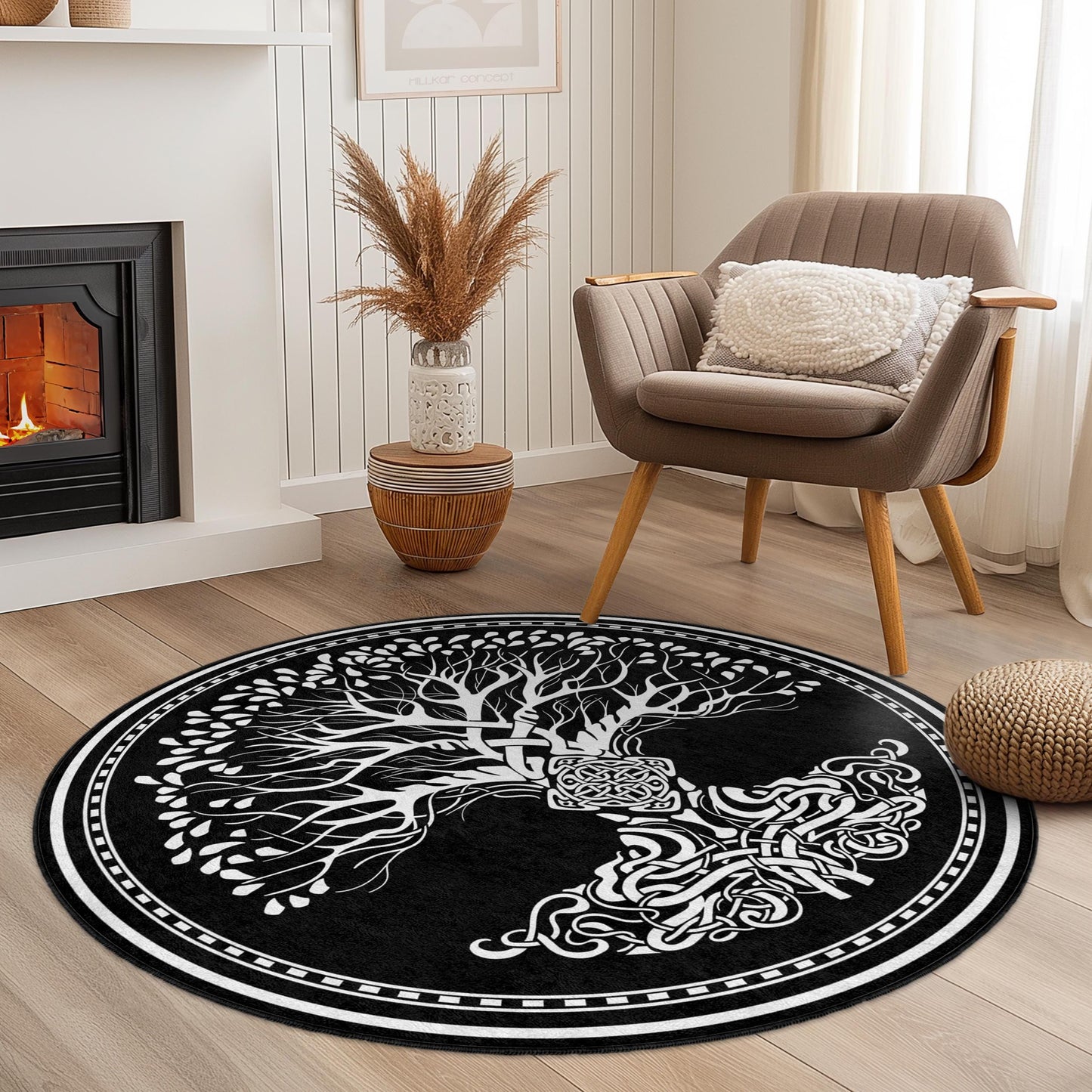 Celtic Tree of Life Round Area Rug, Bohemian Style Rug, Black and White Home Decor, Living Room Accent Rug, Unique Round Carpet