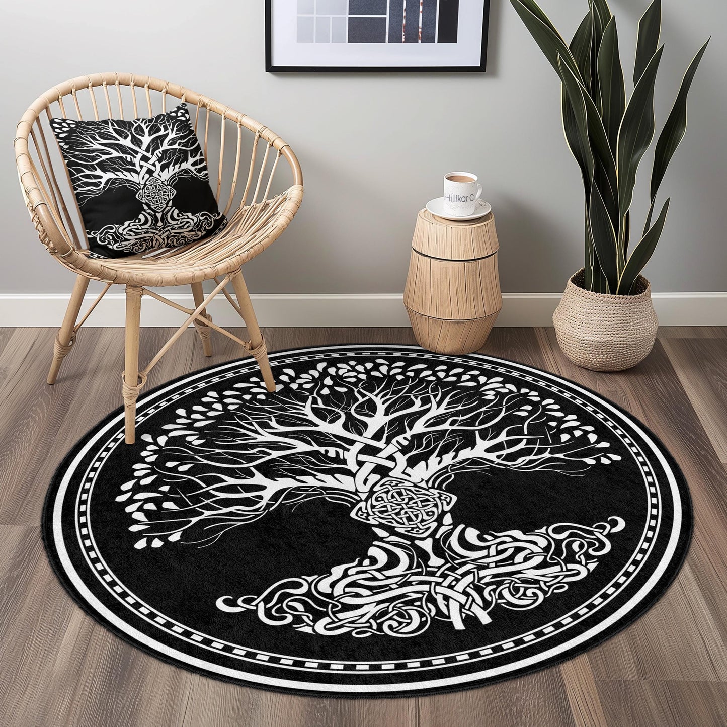 Celtic Tree of Life Round Area Rug, Bohemian Style Rug, Black and White Home Decor, Living Room Accent Rug, Unique Round Carpet
