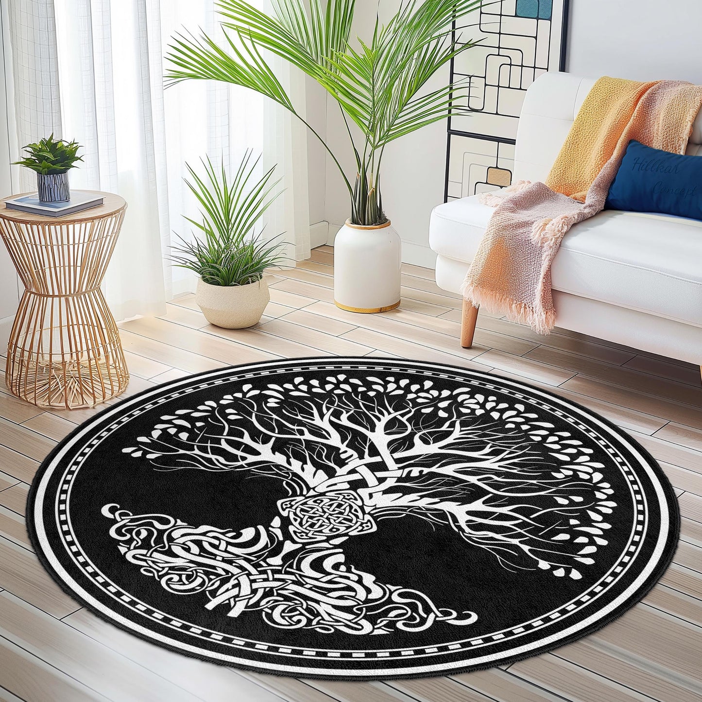 Celtic Tree of Life Round Area Rug, Bohemian Style Rug, Black and White Home Decor, Living Room Accent Rug, Unique Round Carpet