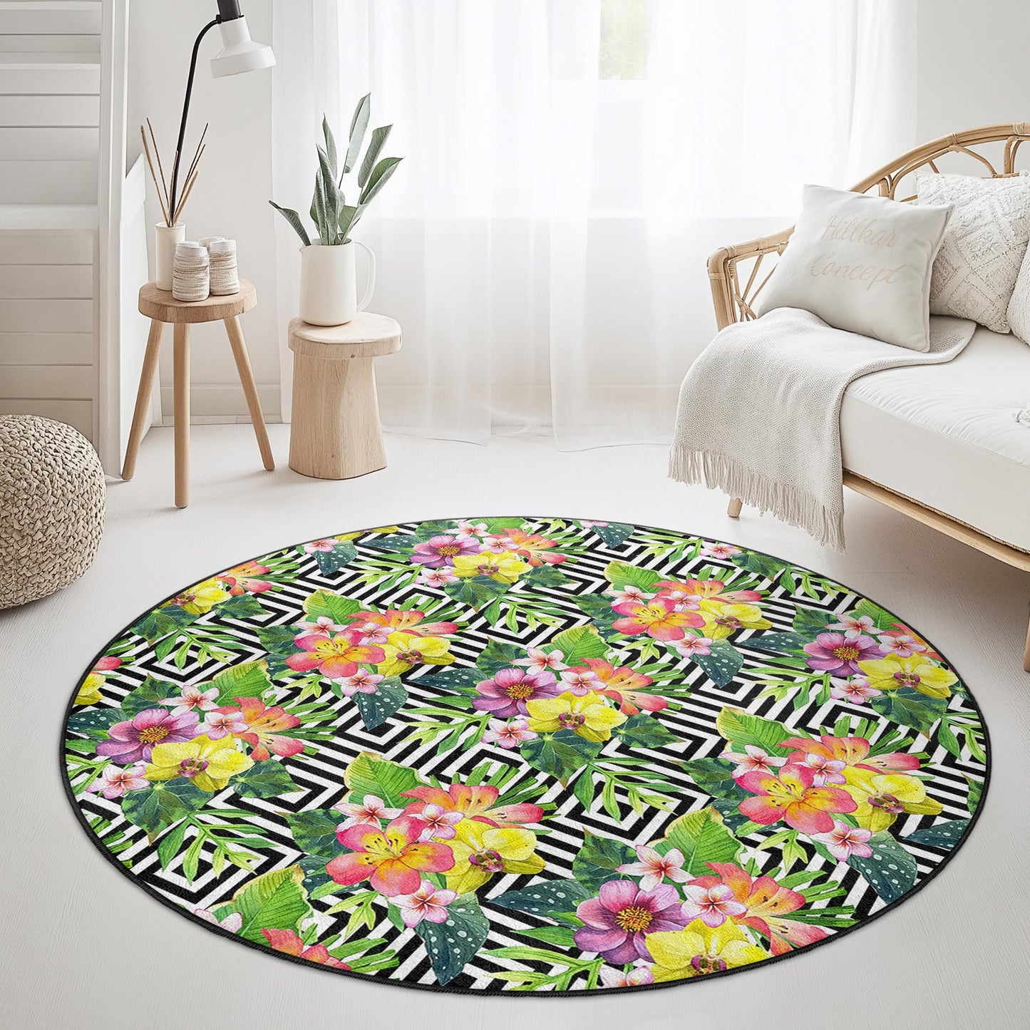 Floral Tropical Round Area Rug, Bohemian Flower Carpet, Geometric Pattern Rug, Modern Round Rug for Living Room, Chic Home Decor