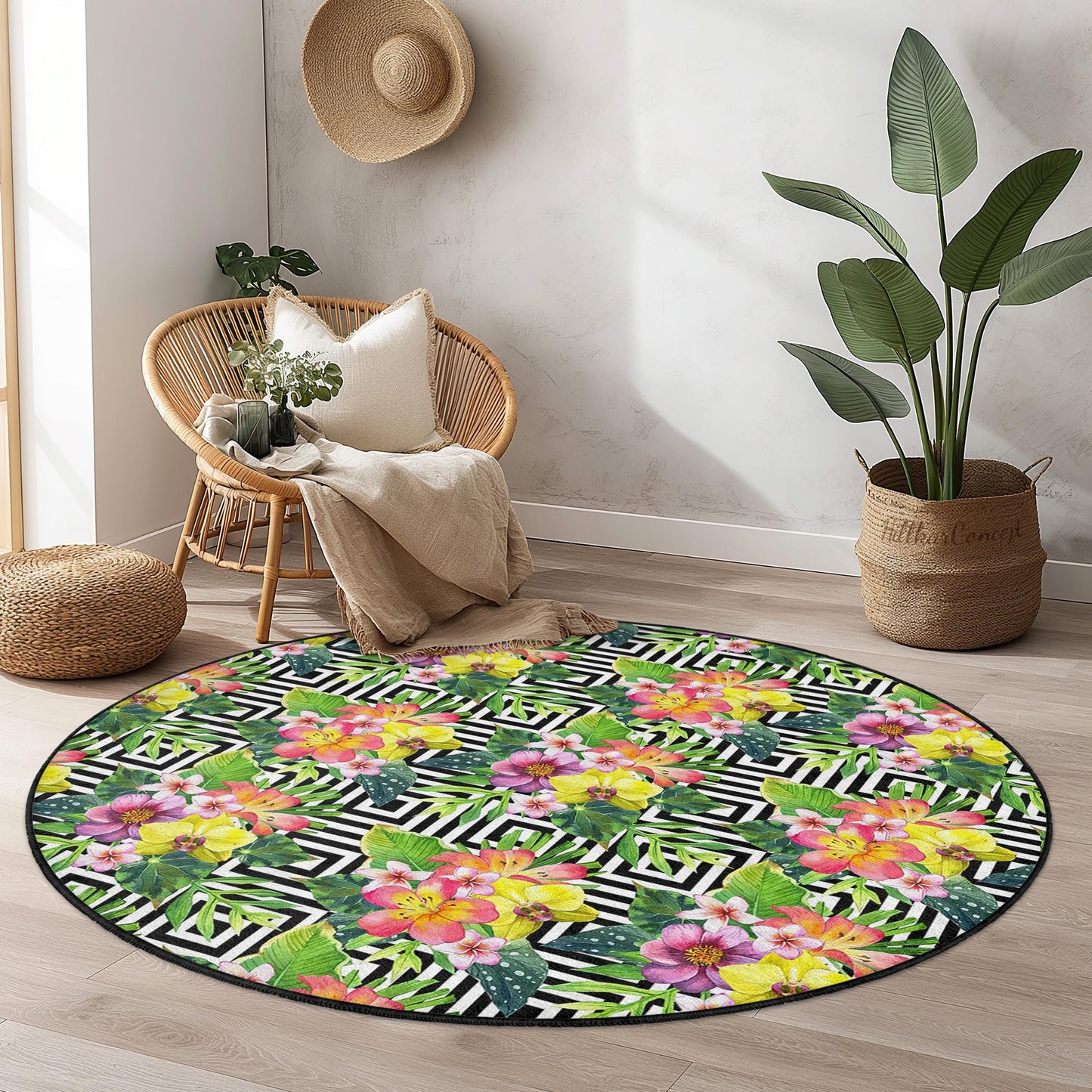 Floral Tropical Round Area Rug, Bohemian Flower Carpet, Geometric Pattern Rug, Modern Round Rug for Living Room, Chic Home Decor