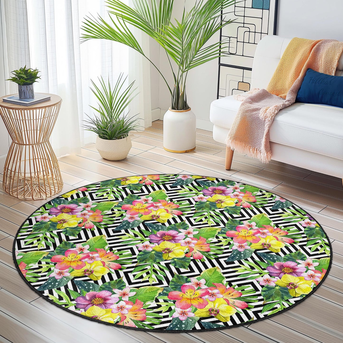 Floral Tropical Round Area Rug, Bohemian Flower Carpet, Geometric Pattern Rug, Modern Round Rug for Living Room, Chic Home Decor