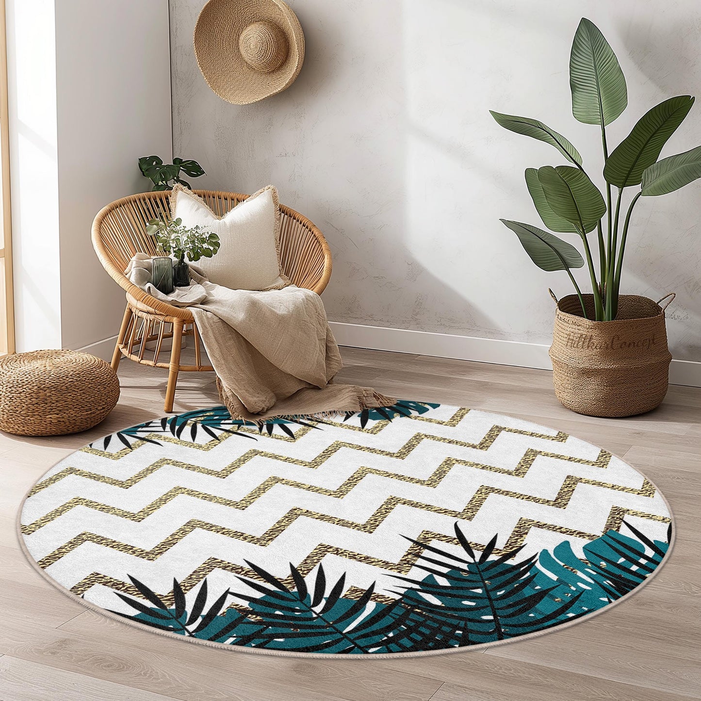 Gold Chevron and Tropical Leaves Round Area Rug, Stylish Round Living Room Carpet, Modern Home Decor, Bohemian Chic Rug