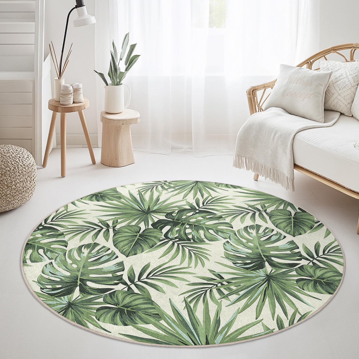 Tropical Leaves Round Area Rug, Green Botanical Design, Modern Round Rug for Living Room, Boho Decor, Indoor Round Carpet
