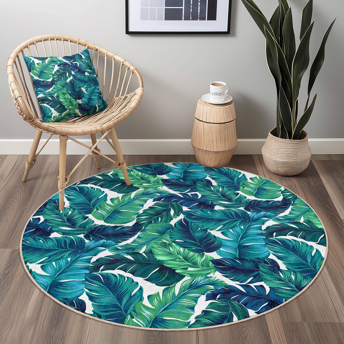 Tropical Leaf Round Area Rug, Modern Green Leaf Pattern Carpet, Living Room Decor, Round Rug for Home, Bohemian Style Rug