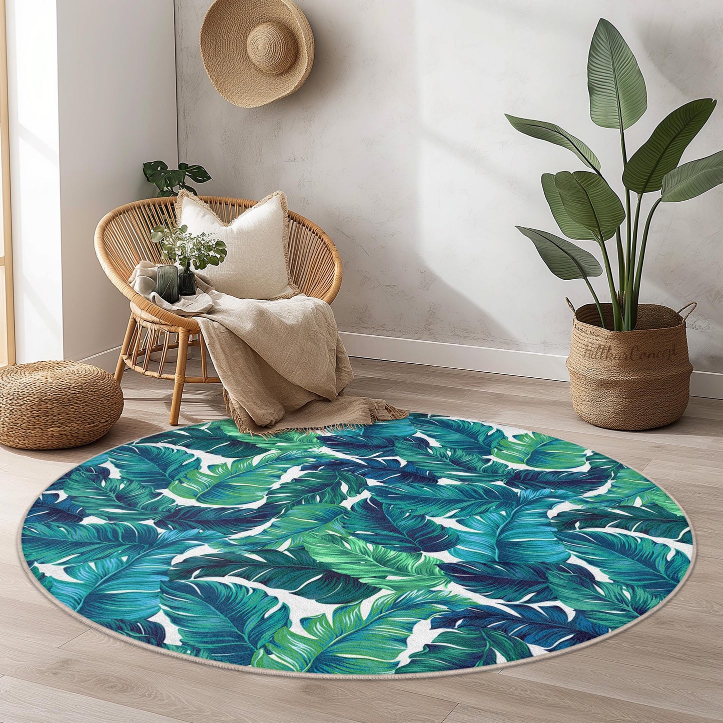 Tropical Leaf Round Area Rug, Modern Green Leaf Pattern Carpet, Living Room Decor, Round Rug for Home, Bohemian Style Rug
