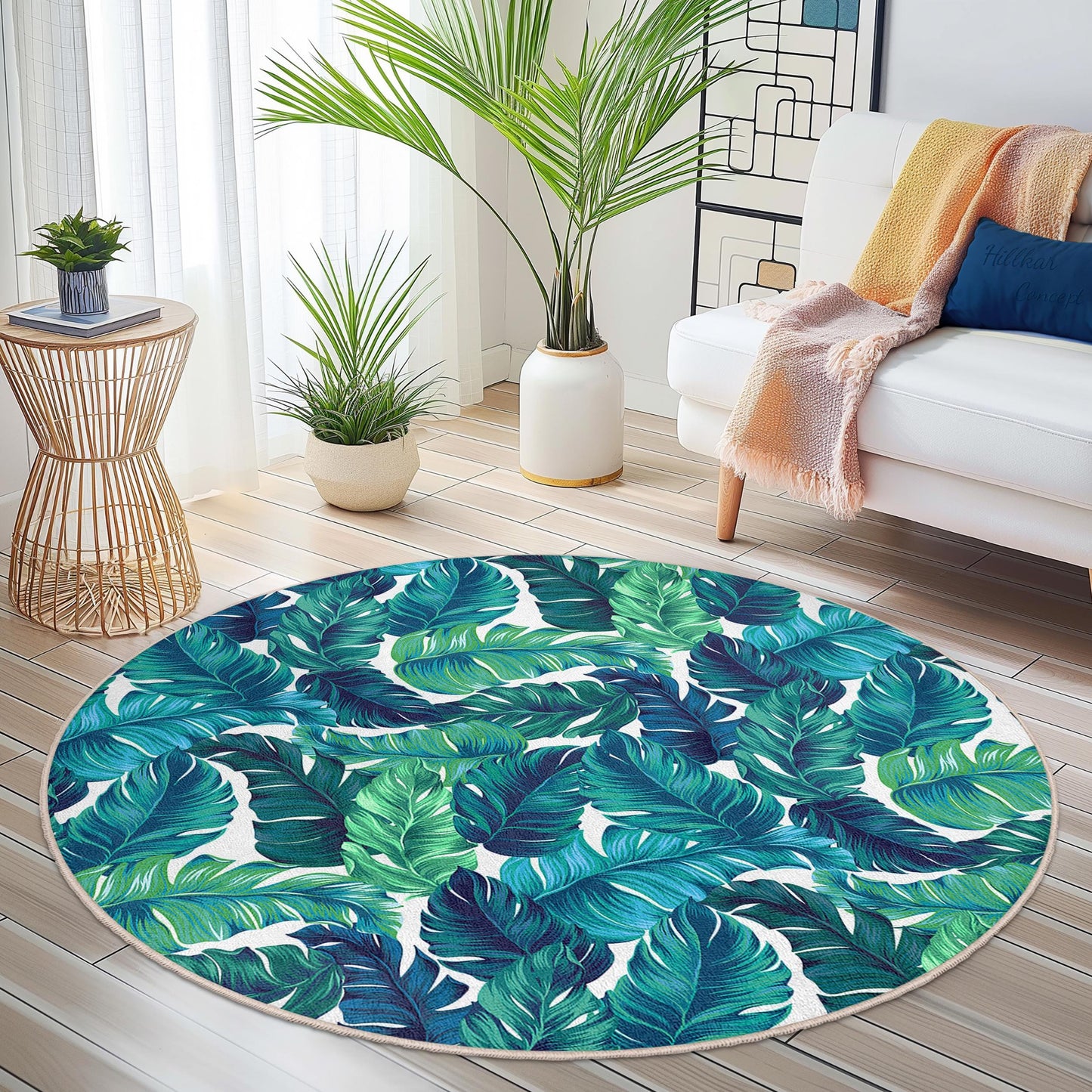 Tropical Leaf Round Area Rug, Modern Green Leaf Pattern Carpet, Living Room Decor, Round Rug for Home, Bohemian Style Rug
