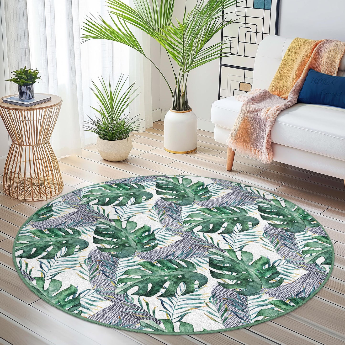 Tropical Monstera Leaves Round Area Rug, Bohemian Style Round Rug, Indoor Decor, Living Room Rug, Plant Lover Gift