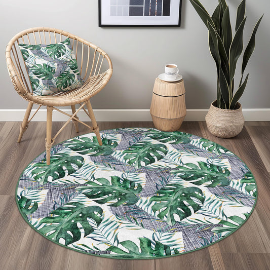 Tropical Monstera Leaves Round Area Rug, Bohemian Style Round Rug, Indoor Decor, Living Room Rug, Plant Lover Gift