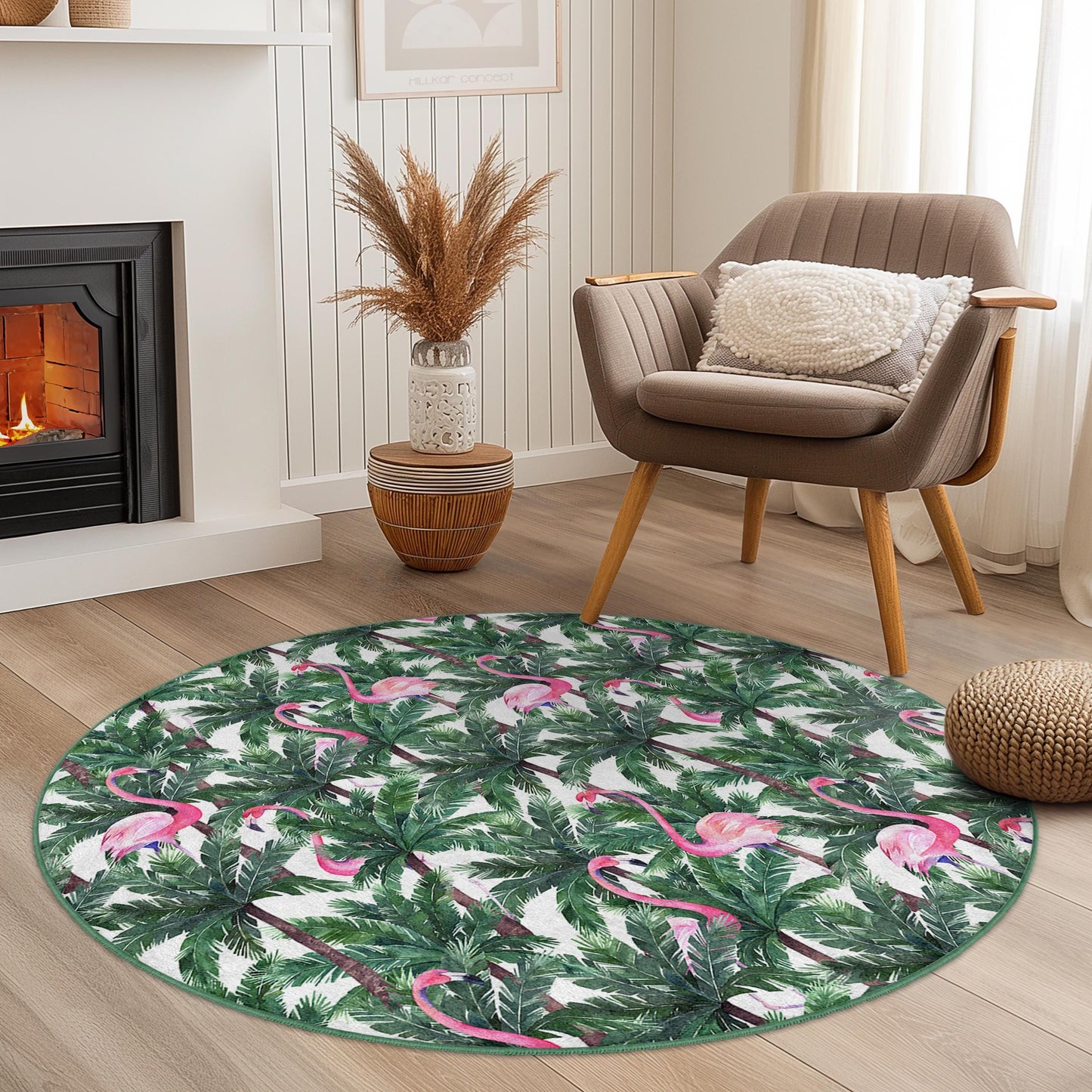 Tropical Flamingo Round Area Rug, Palm Leaf Pattern Carpet, Indoor Round Rug, Bohemian Decor, Living Room Rug, Exotic Home Decor