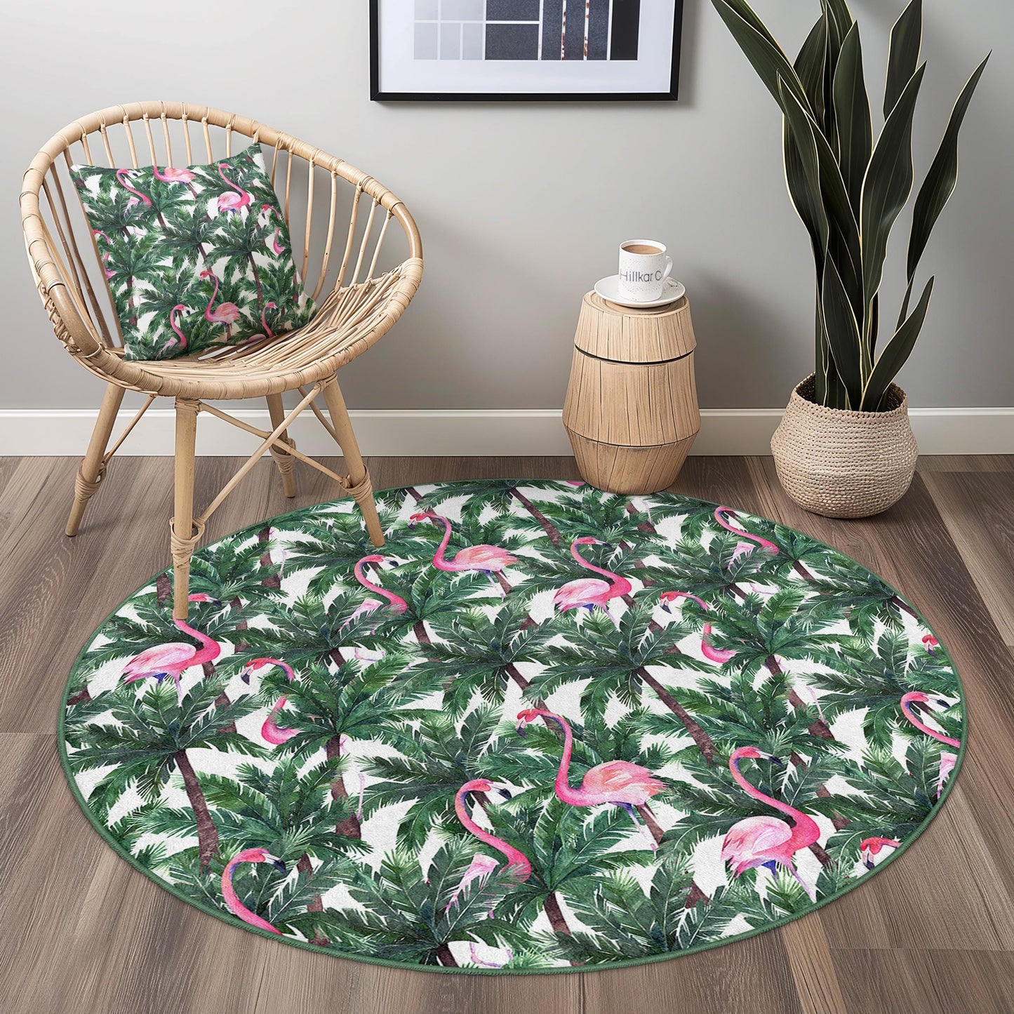 Tropical Flamingo Round Area Rug, Palm Leaf Pattern Carpet, Indoor Round Rug, Bohemian Decor, Living Room Rug, Exotic Home Decor