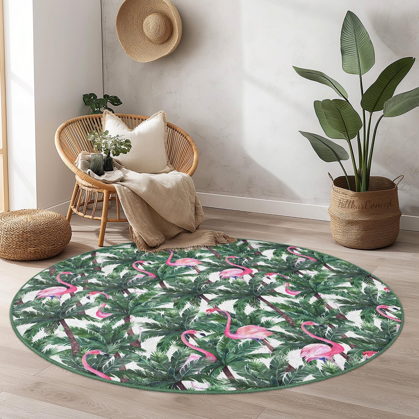 Tropical Flamingo Round Area Rug, Palm Leaf Pattern Carpet, Indoor Round Rug, Bohemian Decor, Living Room Rug, Exotic Home Decor