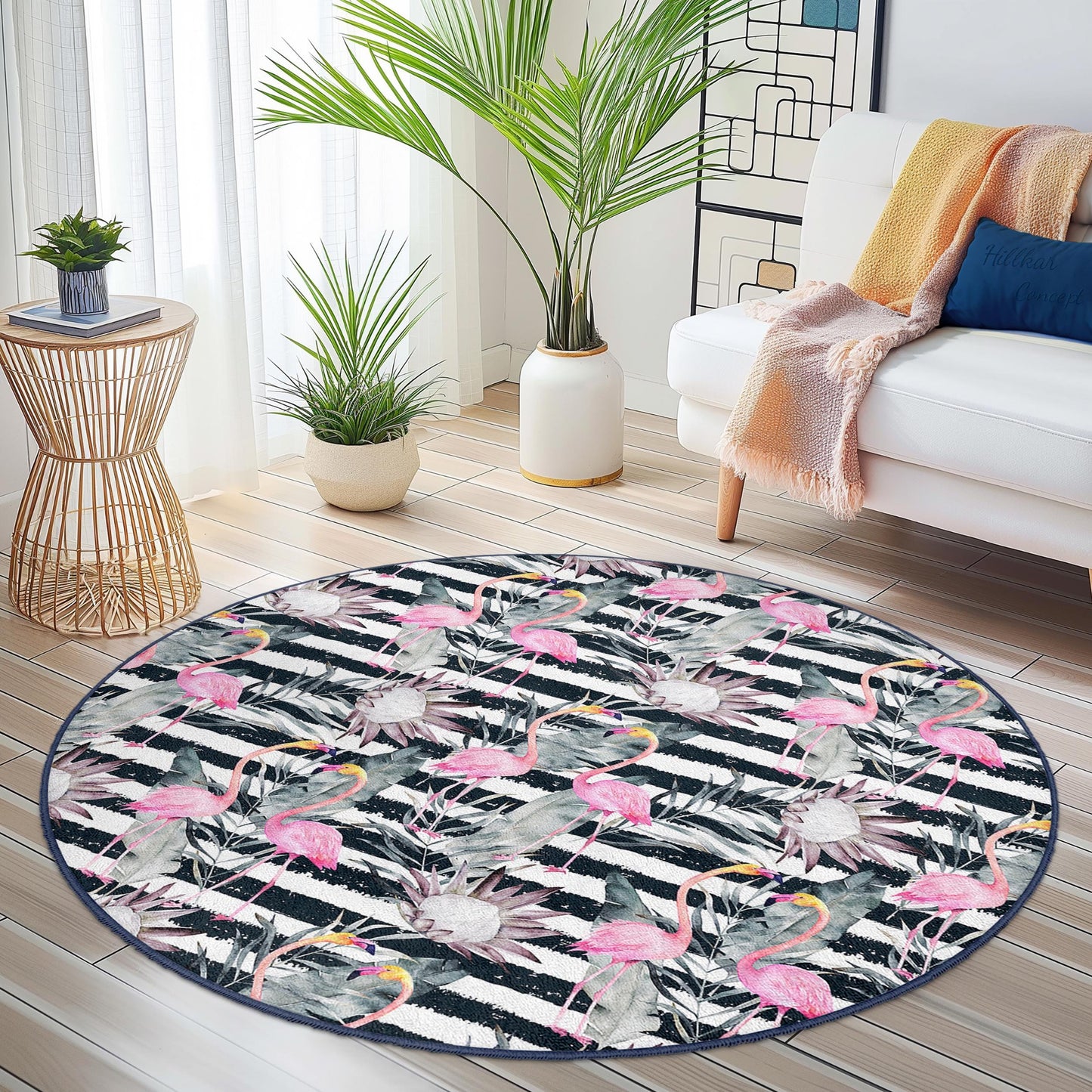 Elegant Flamingo Round Area Rug, Tropical Floral Pattern Carpet, Boho Chic Living Room Decor, Round Rug for Home, Stylish Round Mat