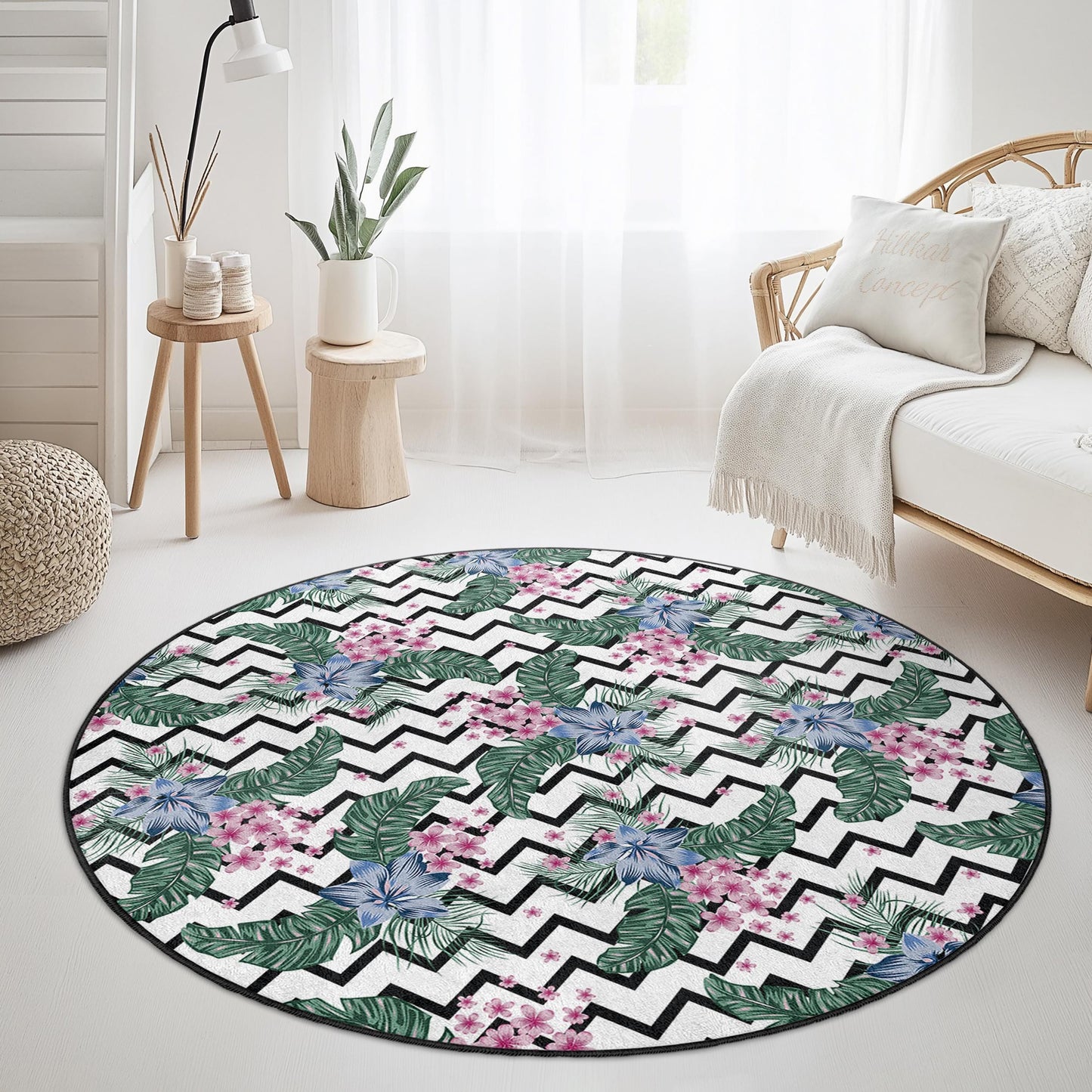 Vibrant Floral Round Area Rug, Tropical Green Leaves and Pink Flowers, Modern Round Carpet for Living Room, Home Decor, Boho Chic