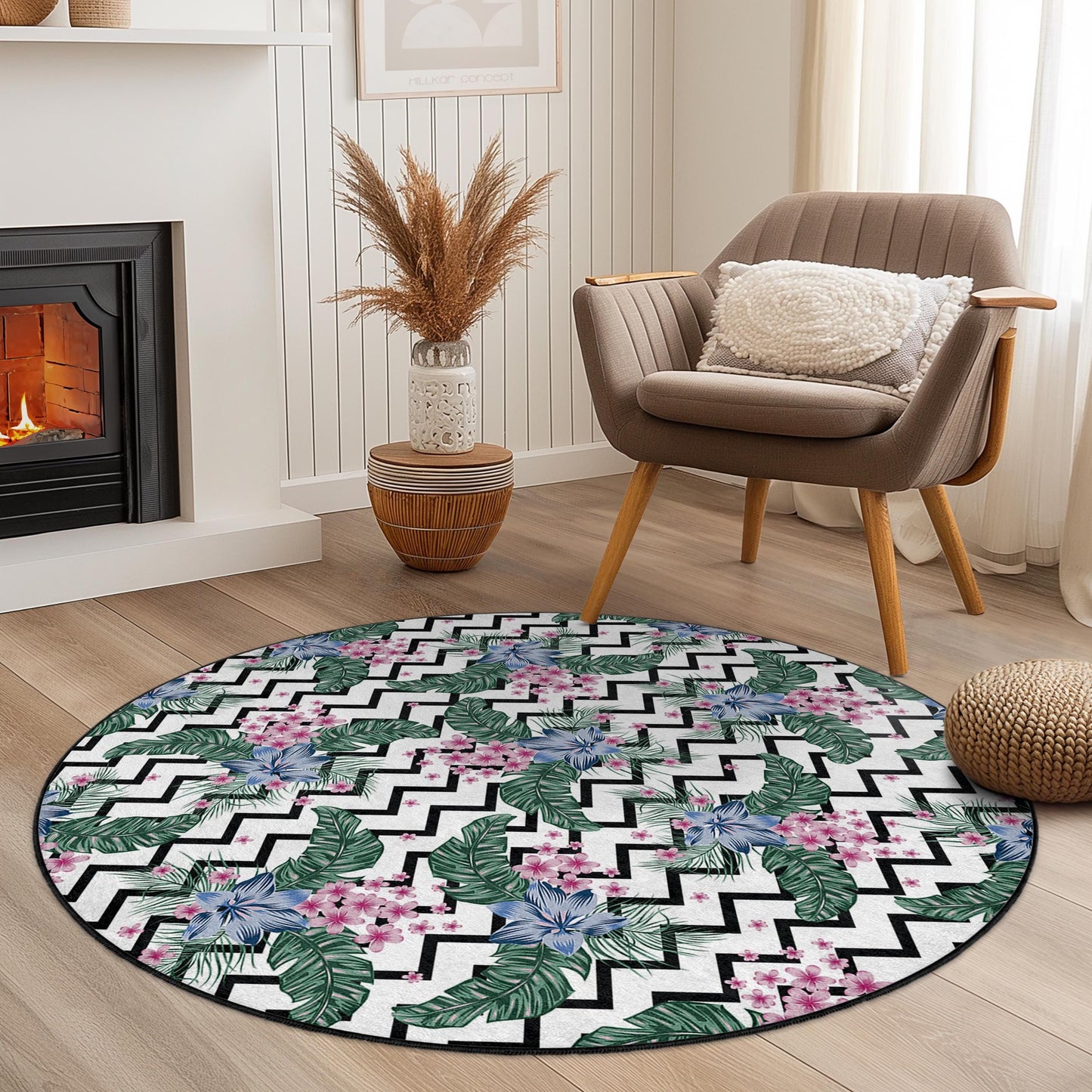 Vibrant Floral Round Area Rug, Tropical Green Leaves and Pink Flowers, Modern Round Carpet for Living Room, Home Decor, Boho Chic