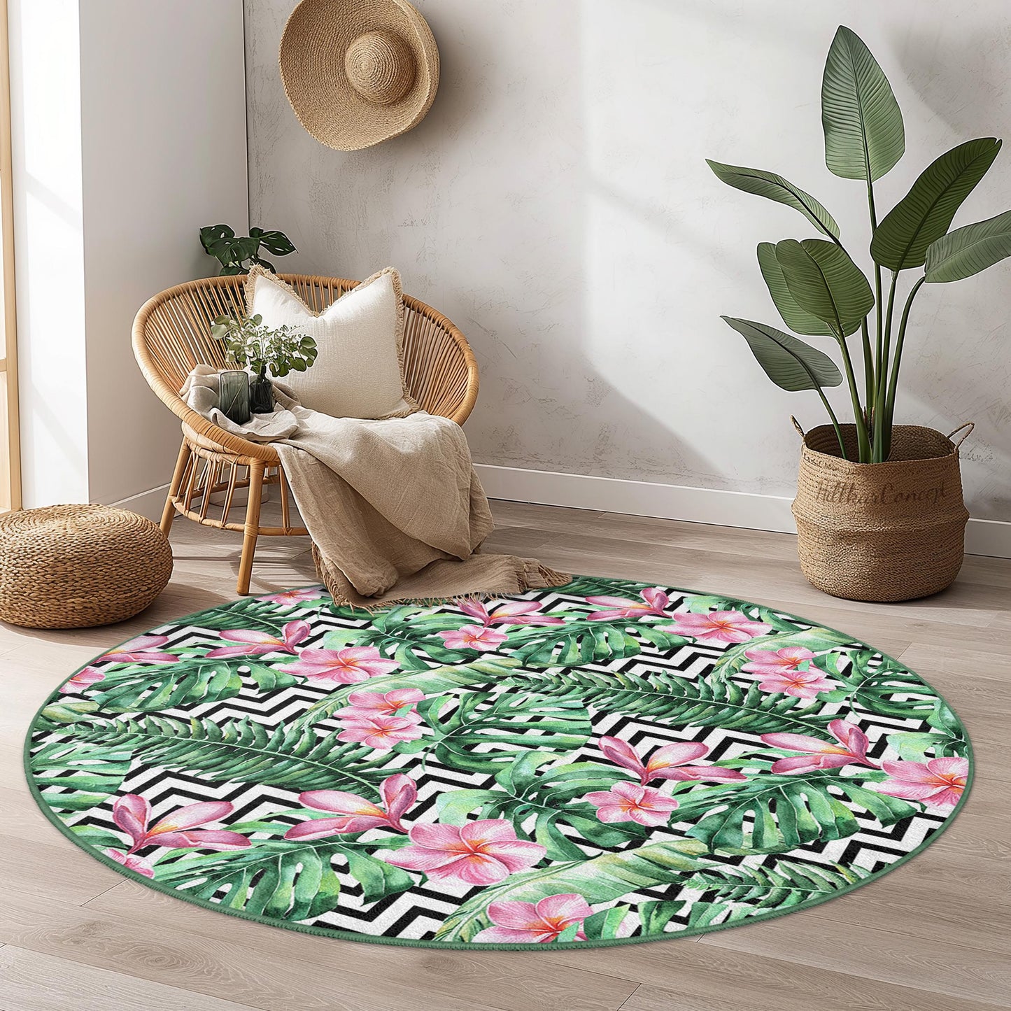 Tropical Floral Round Area Rug, Leaf Pattern Round Rug, Bohemian Style Home Decor, Indoor Round Carpet, Living Room Decor