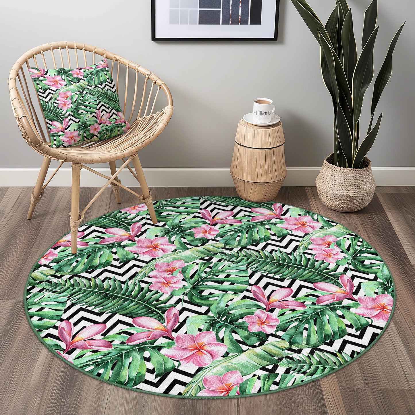 Tropical Floral Round Area Rug, Leaf Pattern Round Rug, Bohemian Style Home Decor, Indoor Round Carpet, Living Room Decor