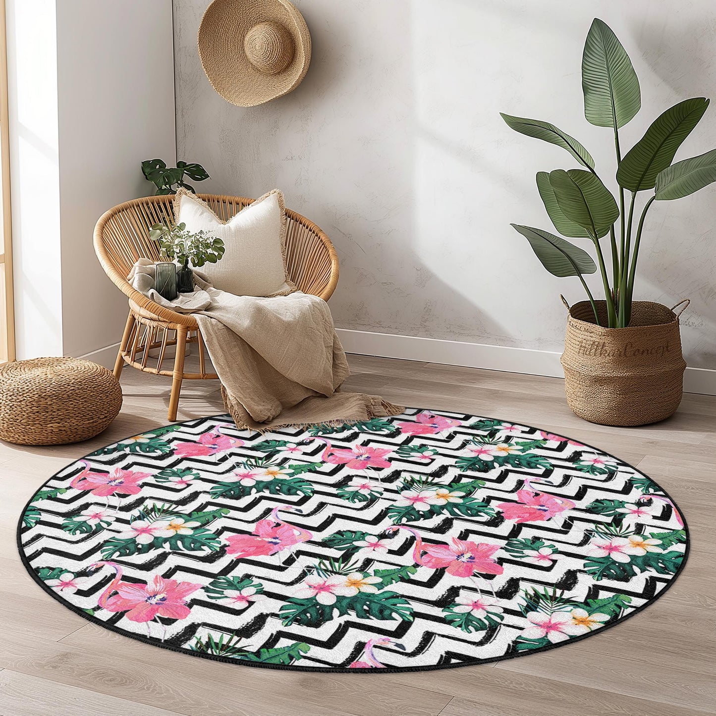 Flamingo Pattern Round Area Rug, Tropical Floral Round Rug, Boho Chic Home Decor, Living Room Round Carpet, Indoor Round Mat