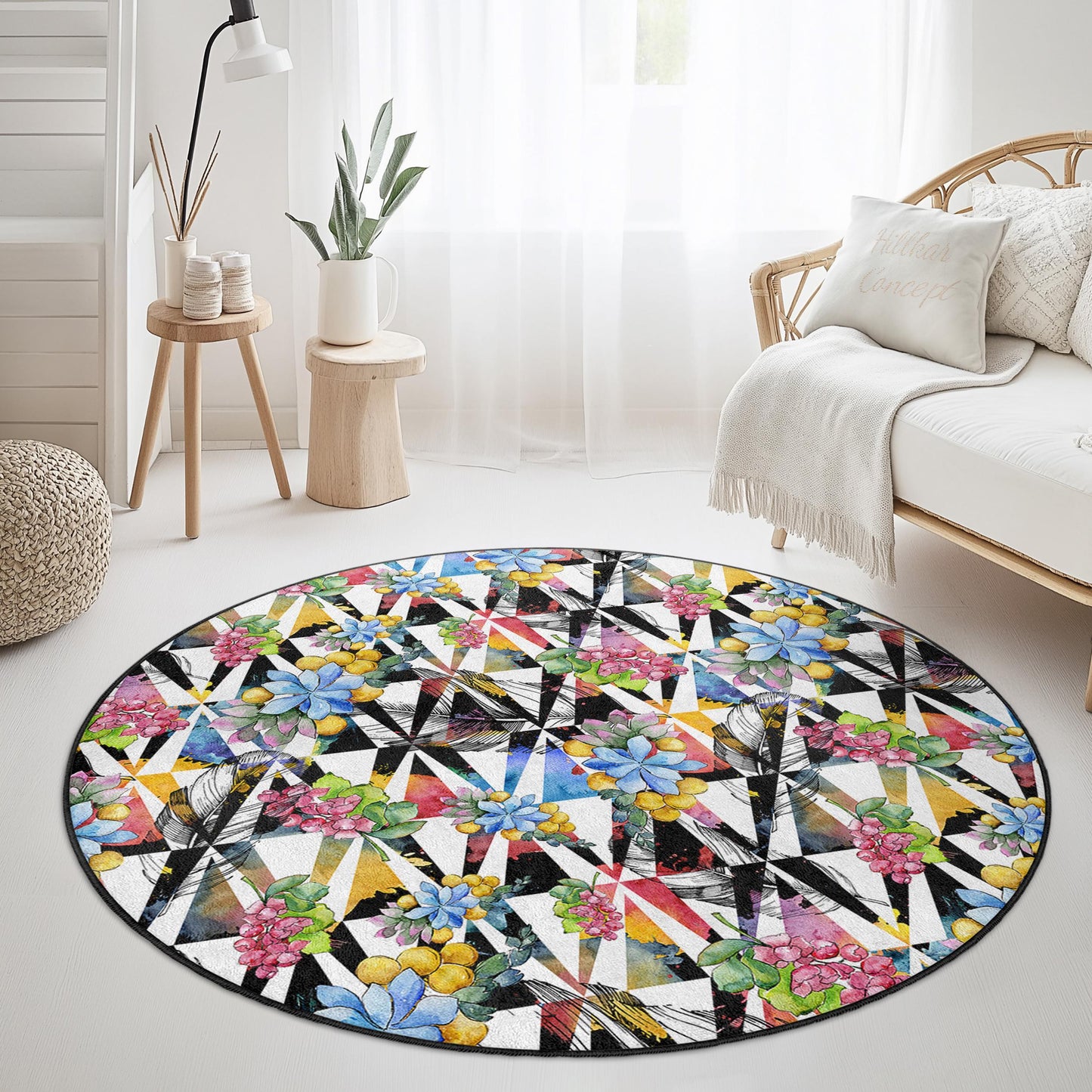 Floral Geometric Round Area Rug, Vibrant Flower Pattern Rug, Modern Round Carpet for Living Room, Unique Home Decor, Stylish Round Rug