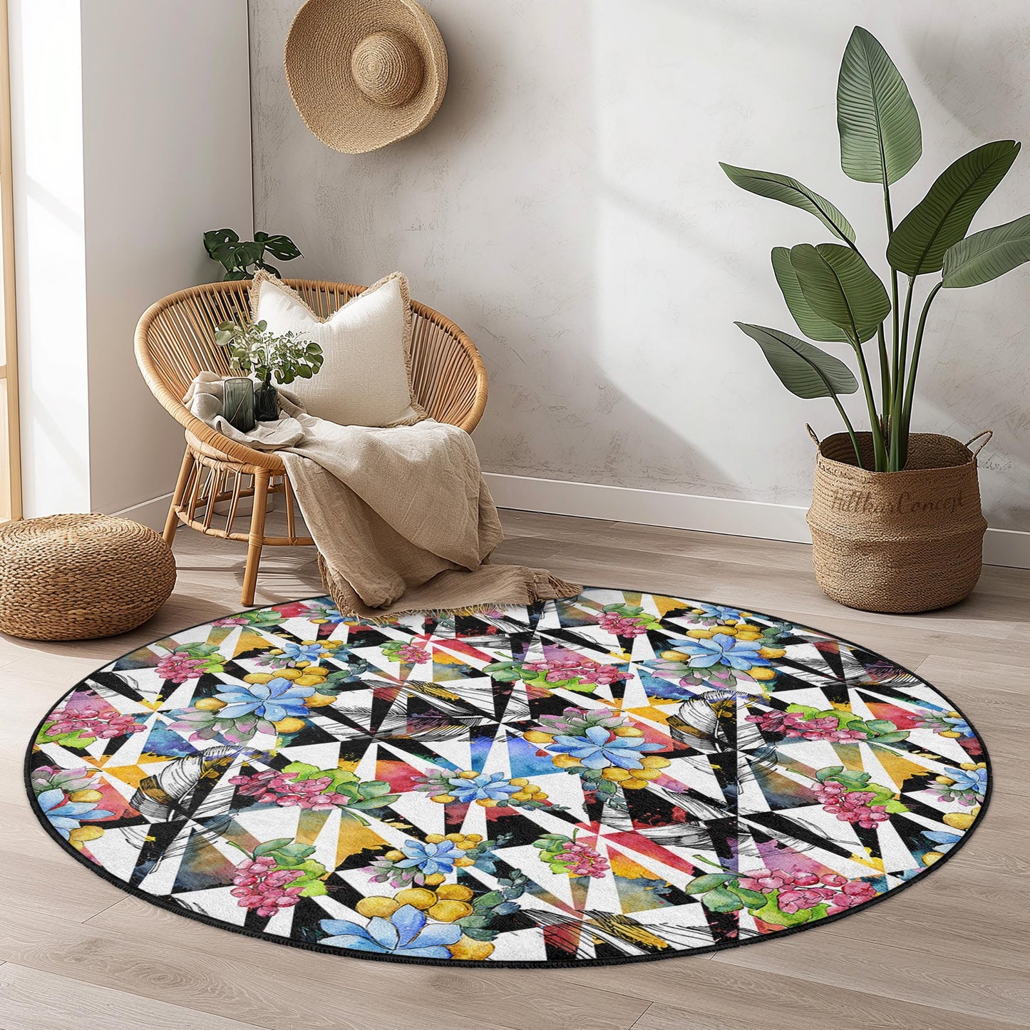 Floral Geometric Round Area Rug, Vibrant Flower Pattern Rug, Modern Round Carpet for Living Room, Unique Home Decor, Stylish Round Rug