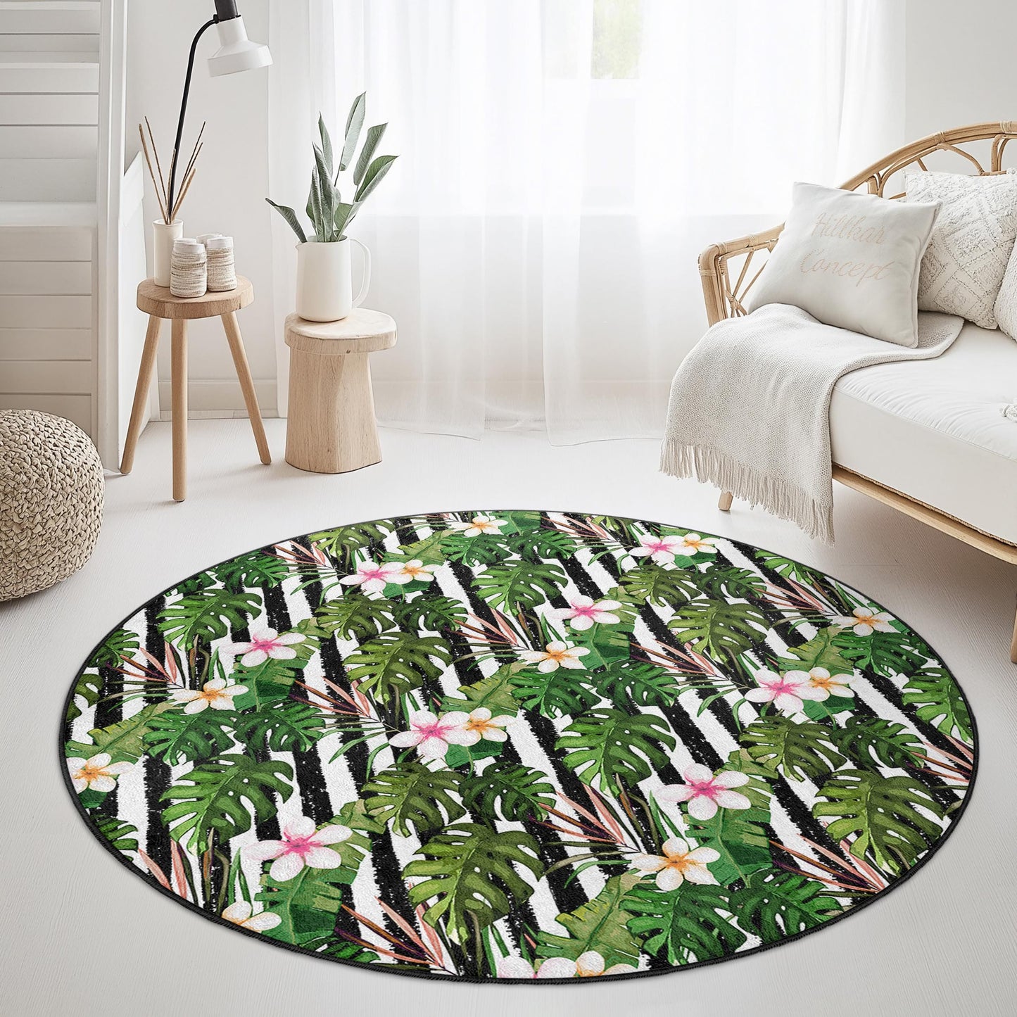 Tropical Leaf Round Area Rug, Floral Pattern Round Carpet, Bohemian Round Rug, Indoor Decor, Living Room Rug, Home Accent