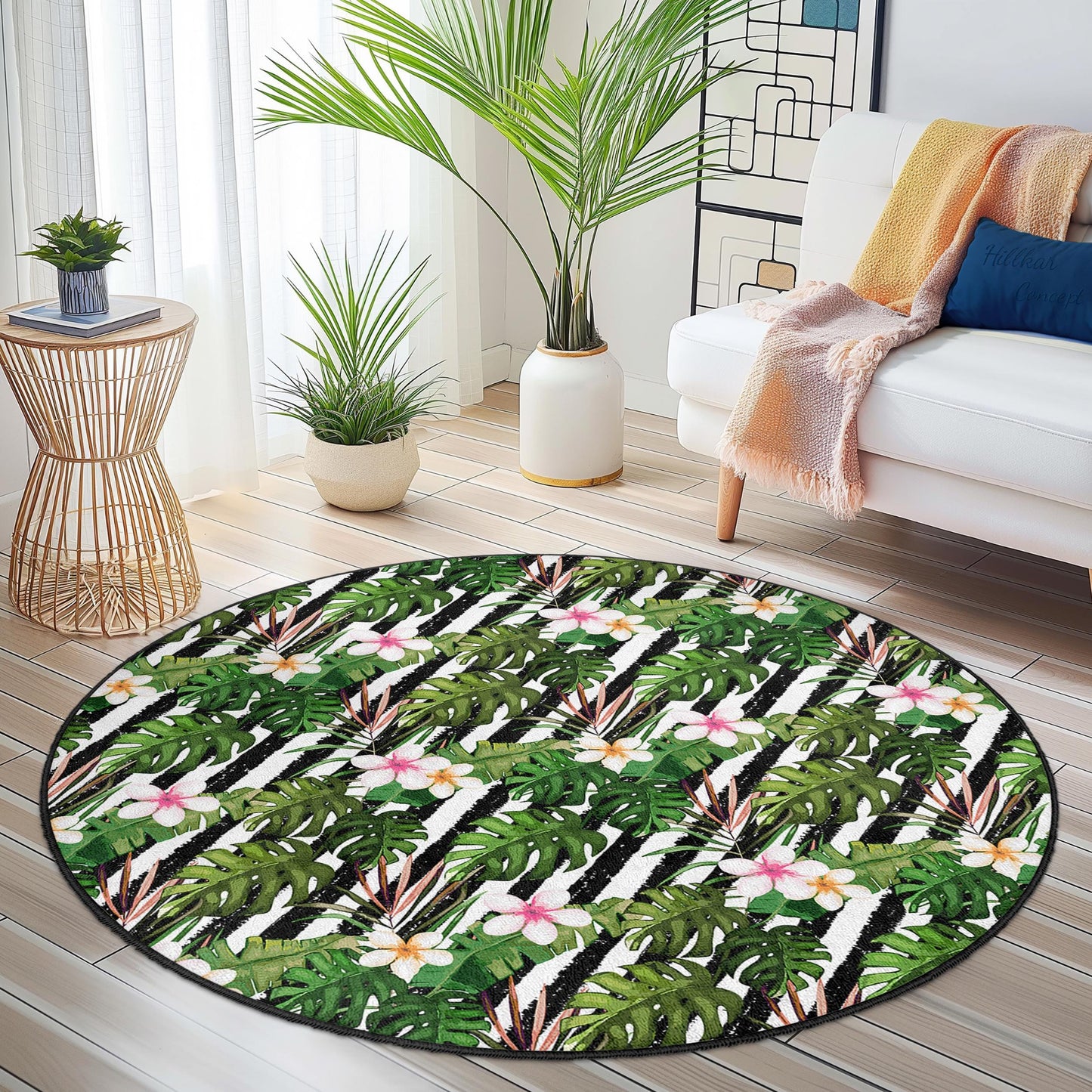 Tropical Leaf Round Area Rug, Floral Pattern Round Carpet, Bohemian Round Rug, Indoor Decor, Living Room Rug, Home Accent