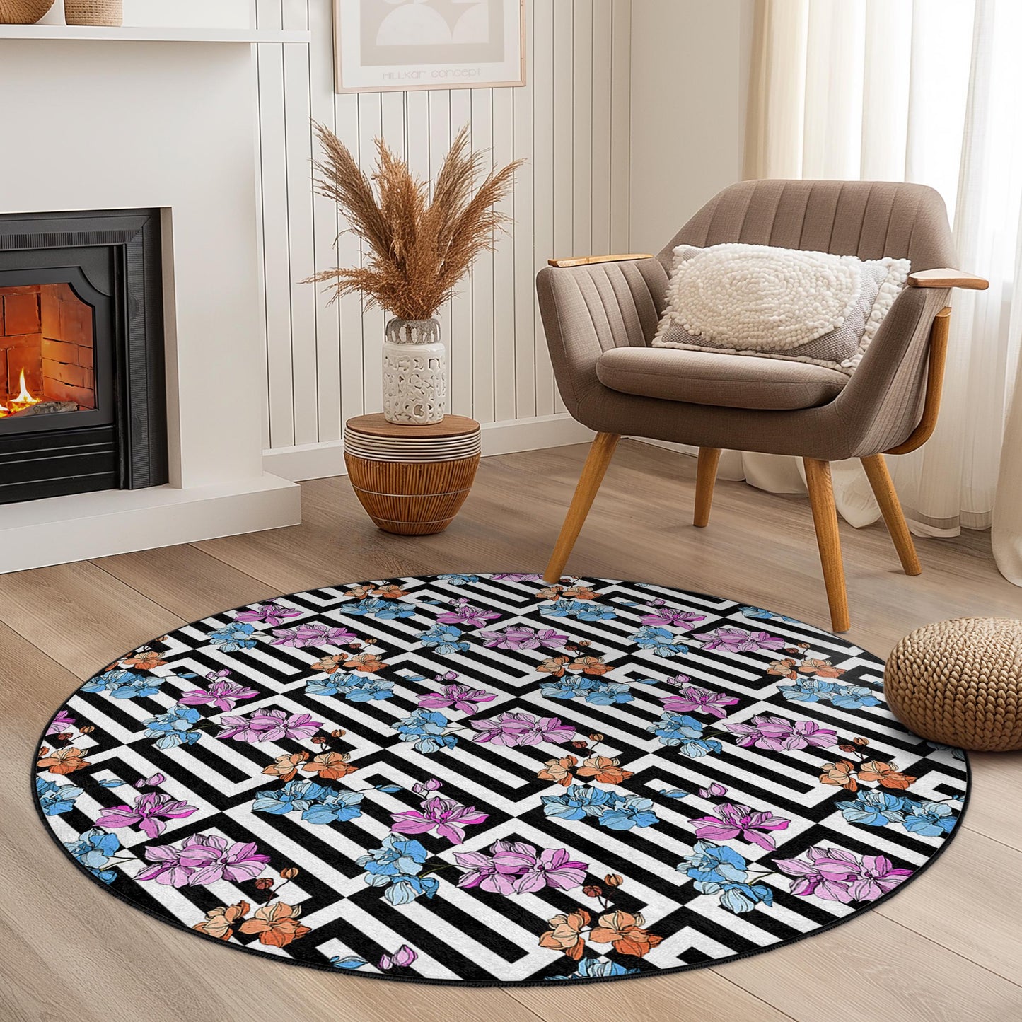 Floral Geometric Round Area Rug, Elegant Flower Pattern Rug, Modern Round Carpet for Living Room, Black and White Floral Rug