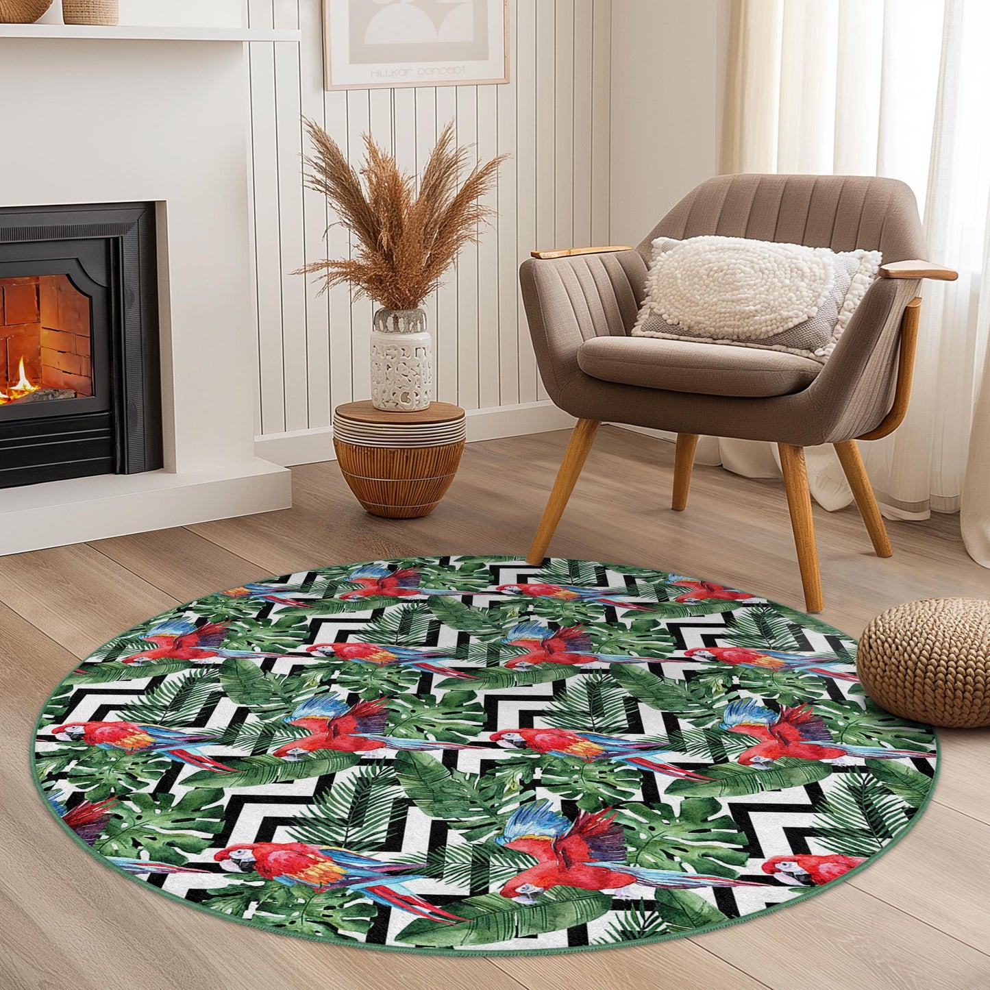 Vibrant Tropical Parrot Round Area Rug, Colorful Jungle Pattern, Bohemian Home Decor, Living Room Carpet, Unique Round Rug