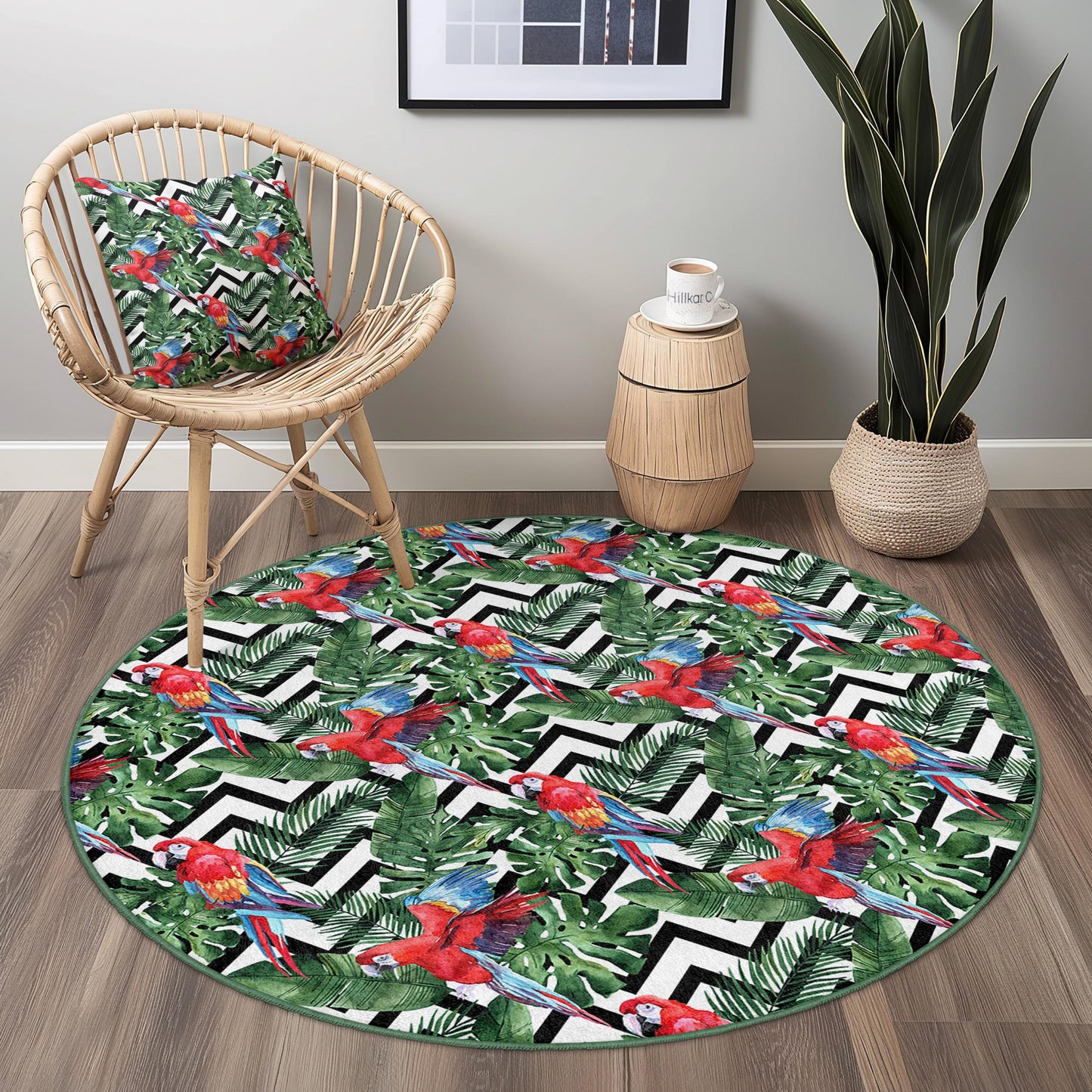 Vibrant Tropical Parrot Round Area Rug, Colorful Jungle Pattern, Bohemian Home Decor, Living Room Carpet, Unique Round Rug