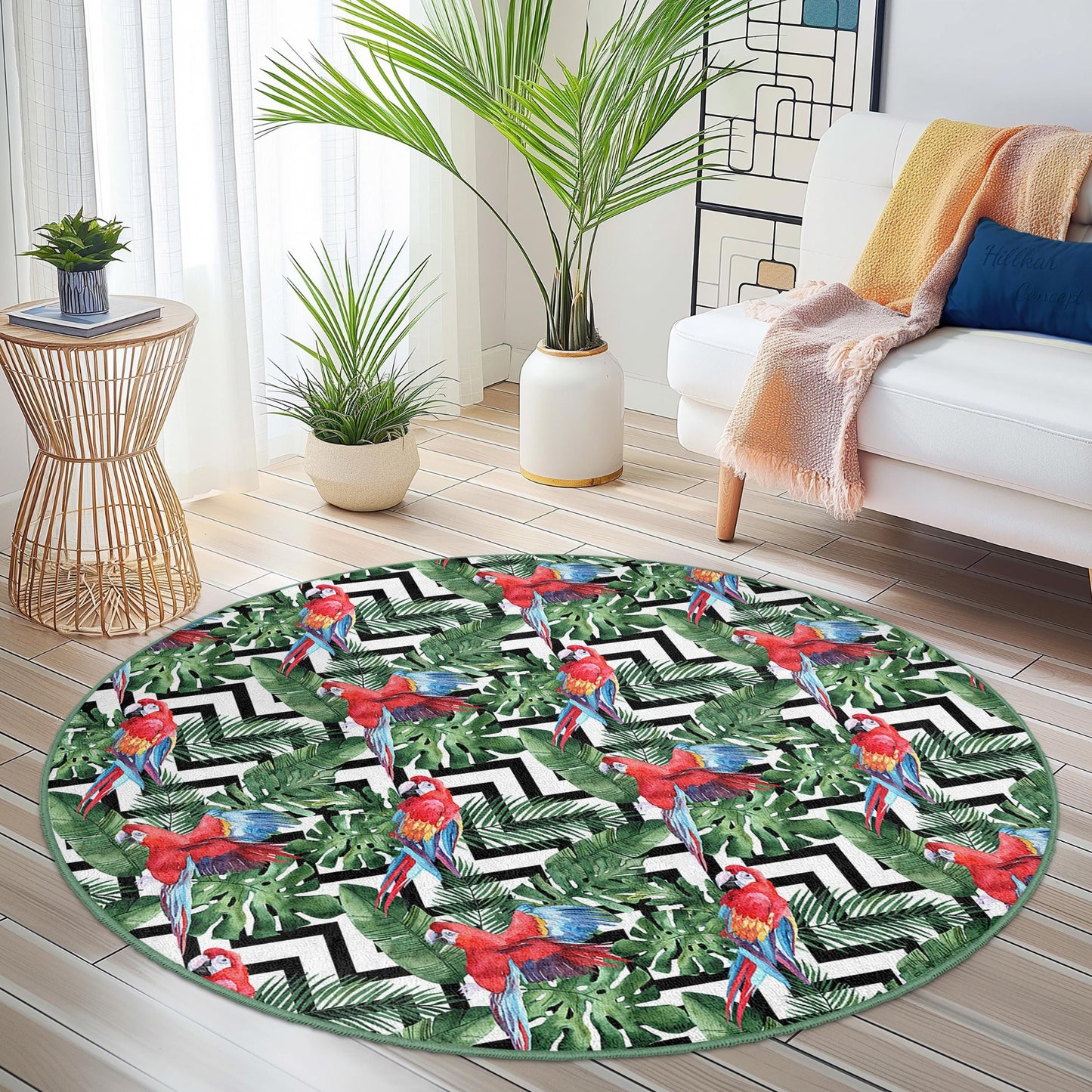 Vibrant Tropical Parrot Round Area Rug, Colorful Jungle Pattern, Bohemian Home Decor, Living Room Carpet, Unique Round Rug