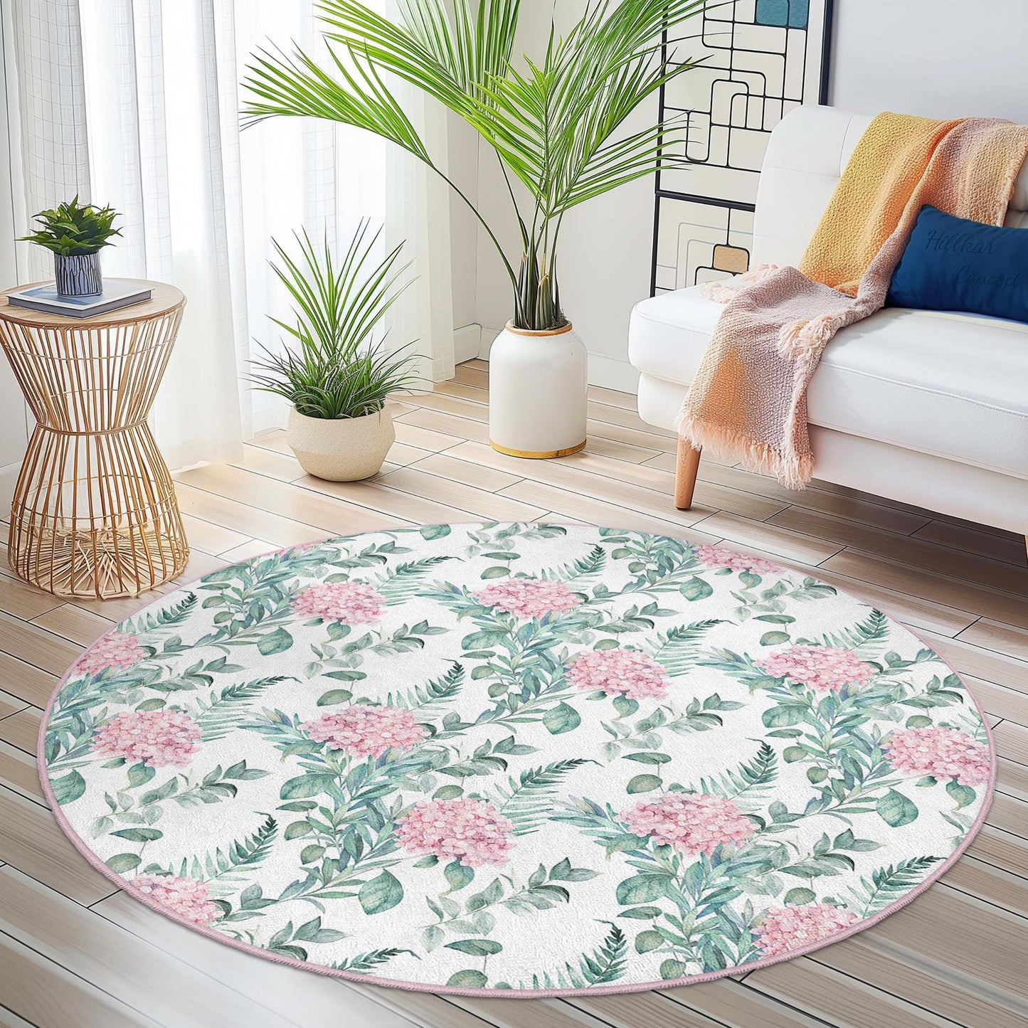 Floral Round Area Rug, Pink Flower Round Carpet, Botanical Print Rug for Living Room, Soft Round Rug for Home Decor