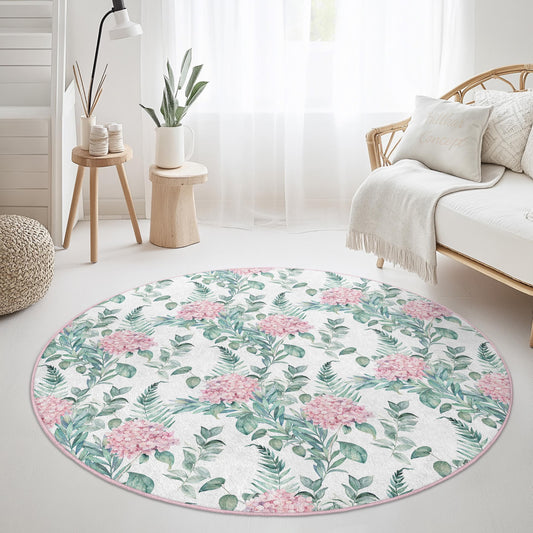 Floral Round Area Rug, Pink Flower Round Carpet, Botanical Print Rug for Living Room, Soft Round Rug for Home Decor