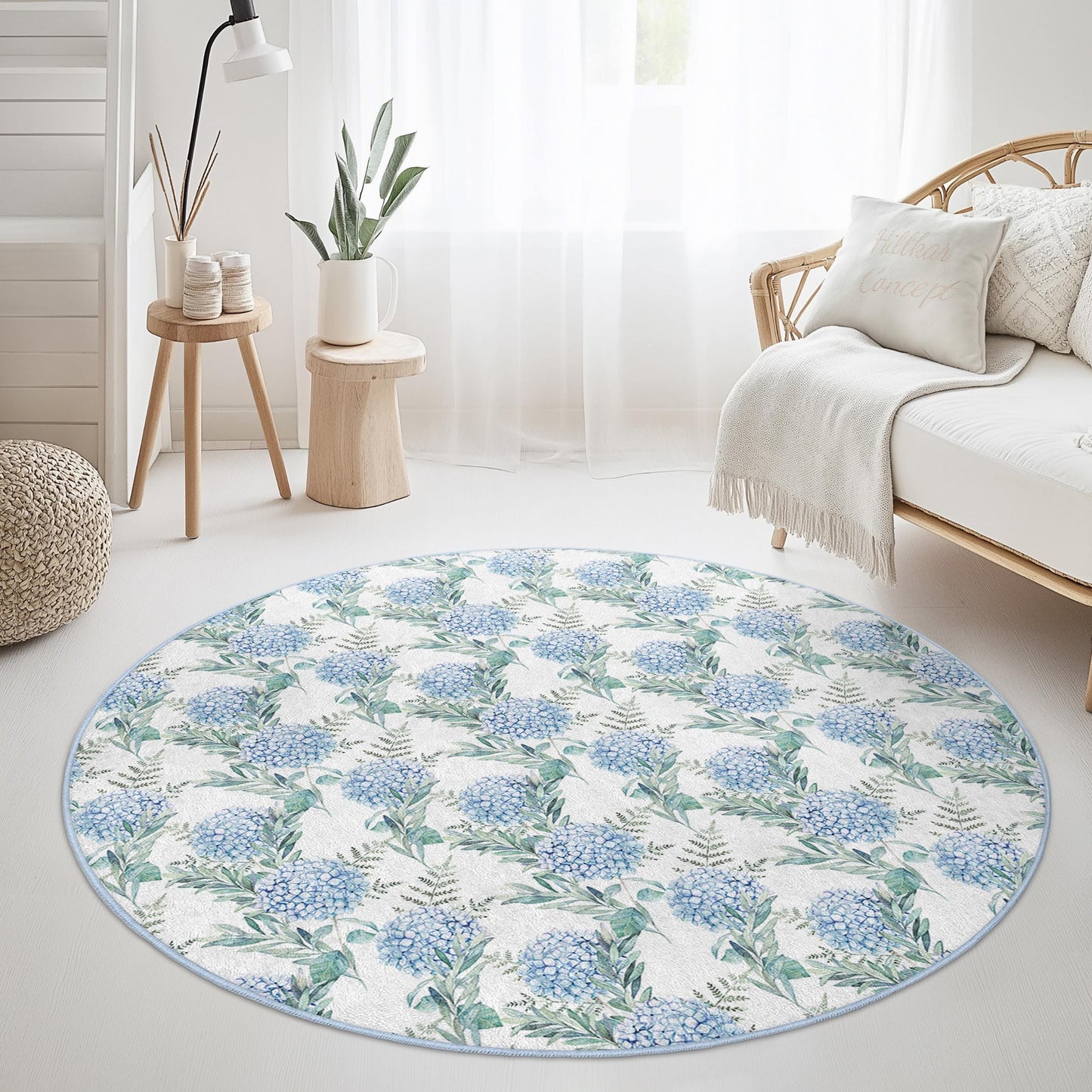 Floral Round Area Rug, Blue Flower Design Carpet, Round Living Room Rug, Soft Floral Decor, Cozy Home Aesthetic Rug