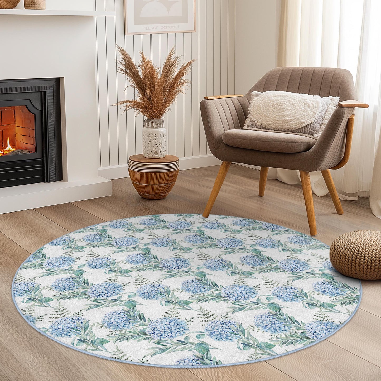 Floral Round Area Rug, Blue Flower Design Carpet, Round Living Room Rug, Soft Floral Decor, Cozy Home Aesthetic Rug