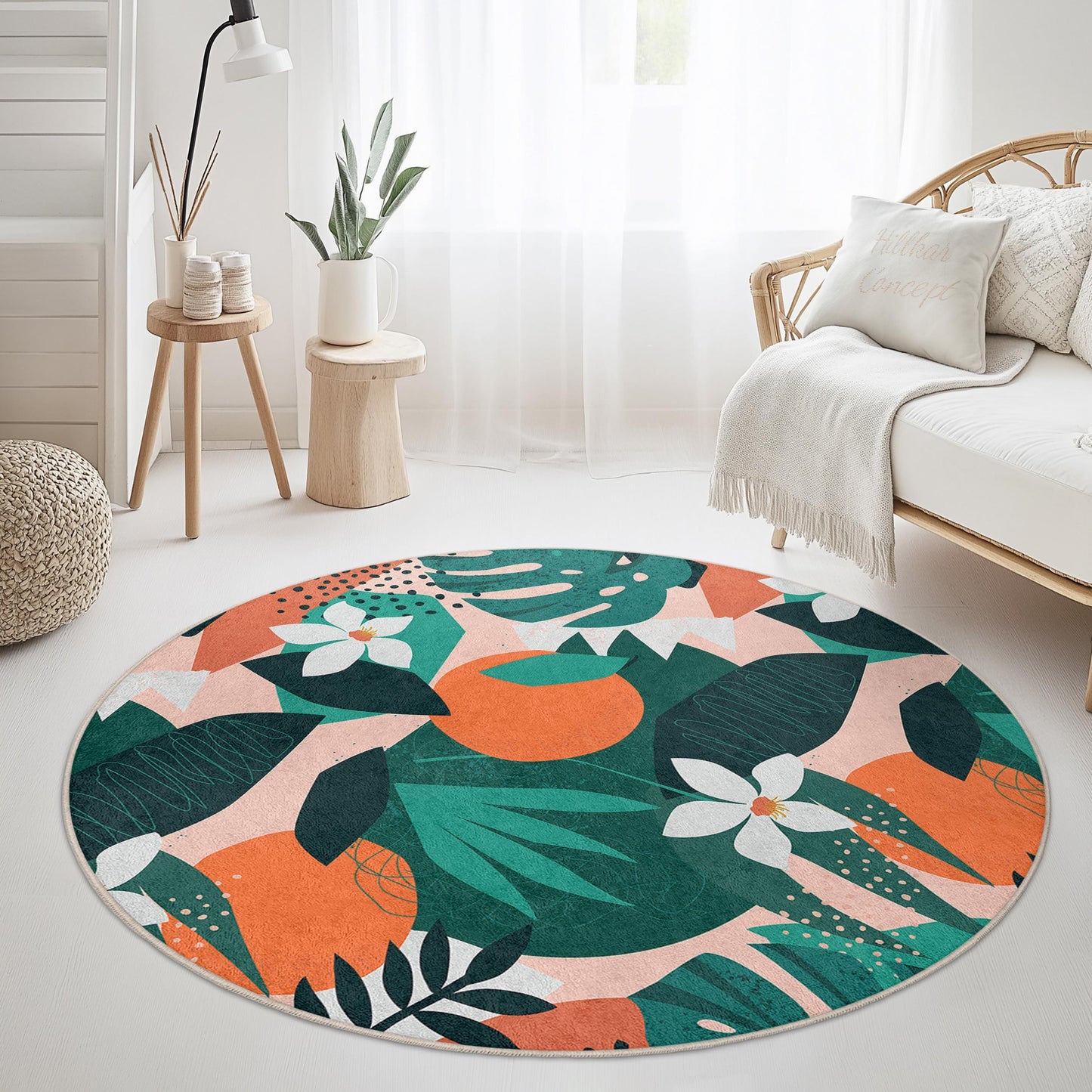 Tropical Leaf Pattern Round Area Rug, Bohemian Round Rug, Indoor Decor, Living Room Rug, Unique Round Carpet, Floral Design Rug
