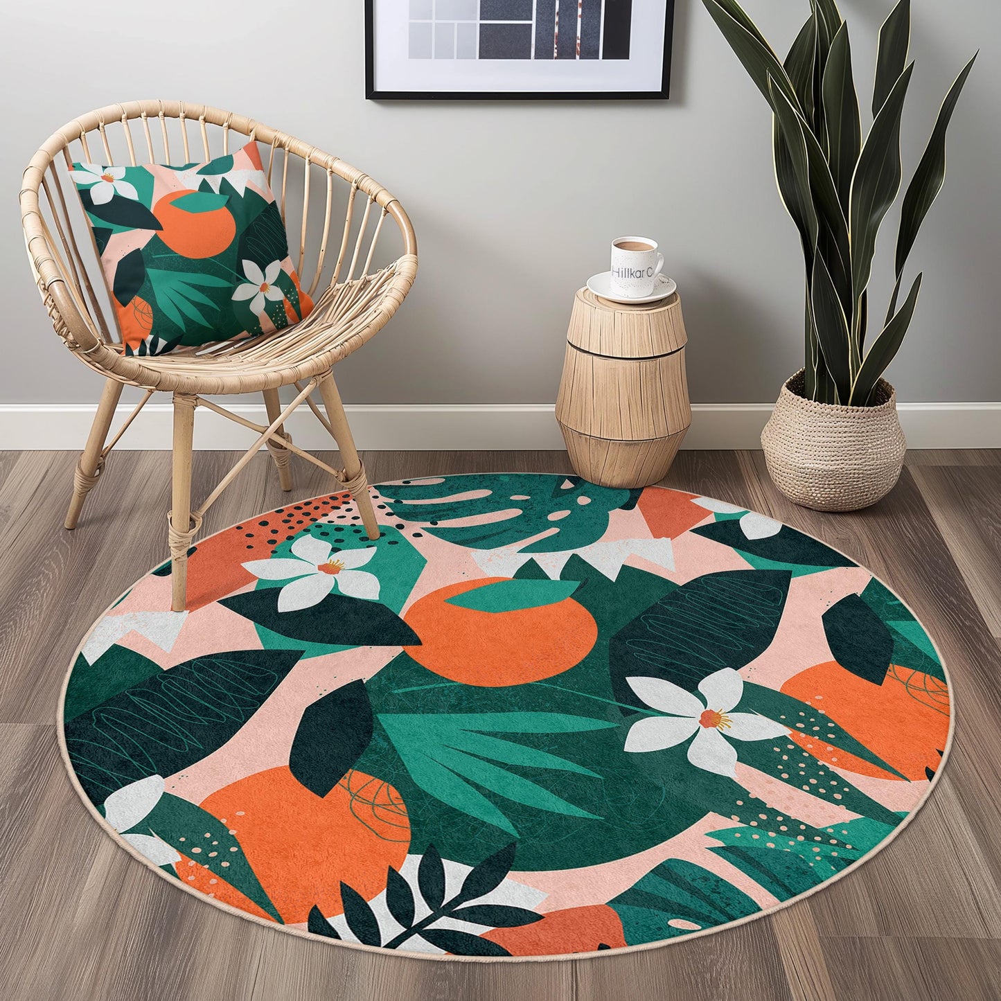 Tropical Leaf Pattern Round Area Rug, Bohemian Round Rug, Indoor Decor, Living Room Rug, Unique Round Carpet, Floral Design Rug