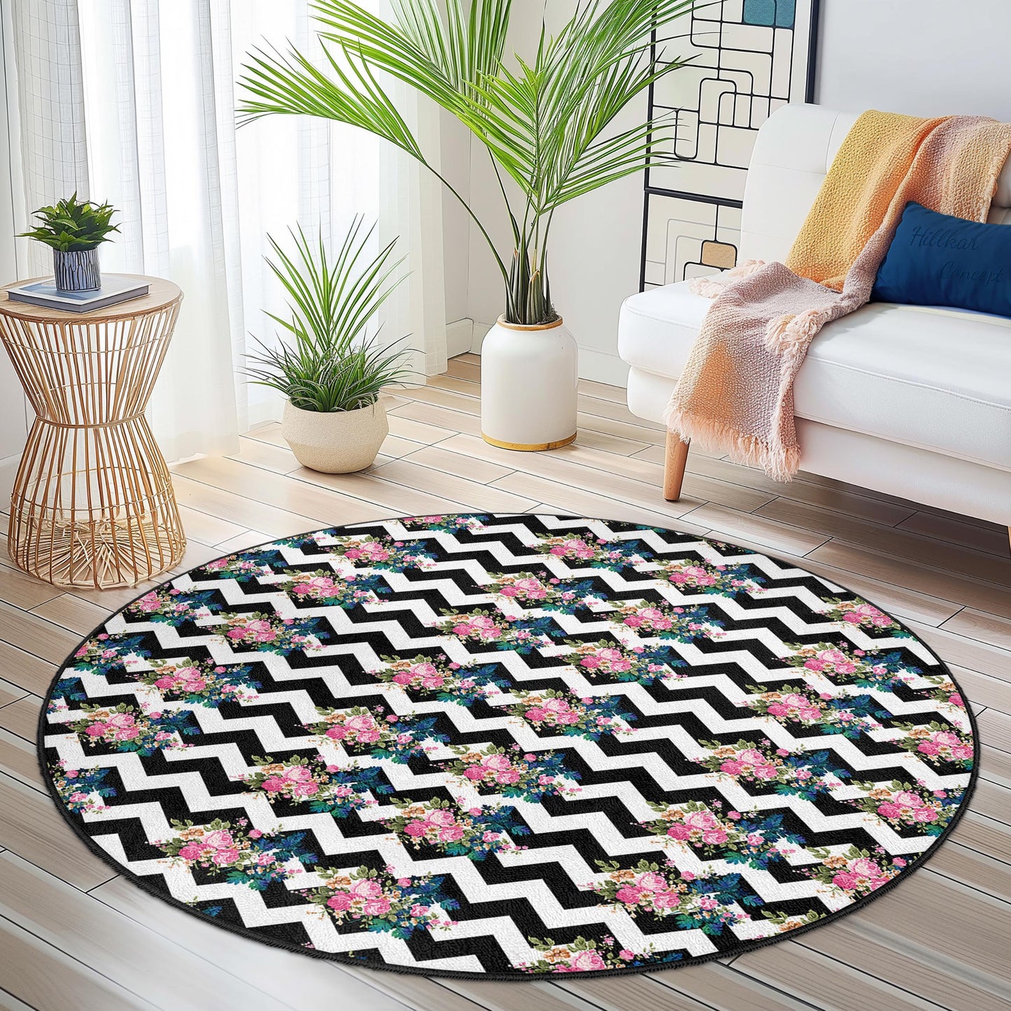 Floral Chevron Pattern Round Area Rug, Stylish Round Carpet, Chic Living Room Rug, Bohemian Home Decor, Modern Black and White Rug
